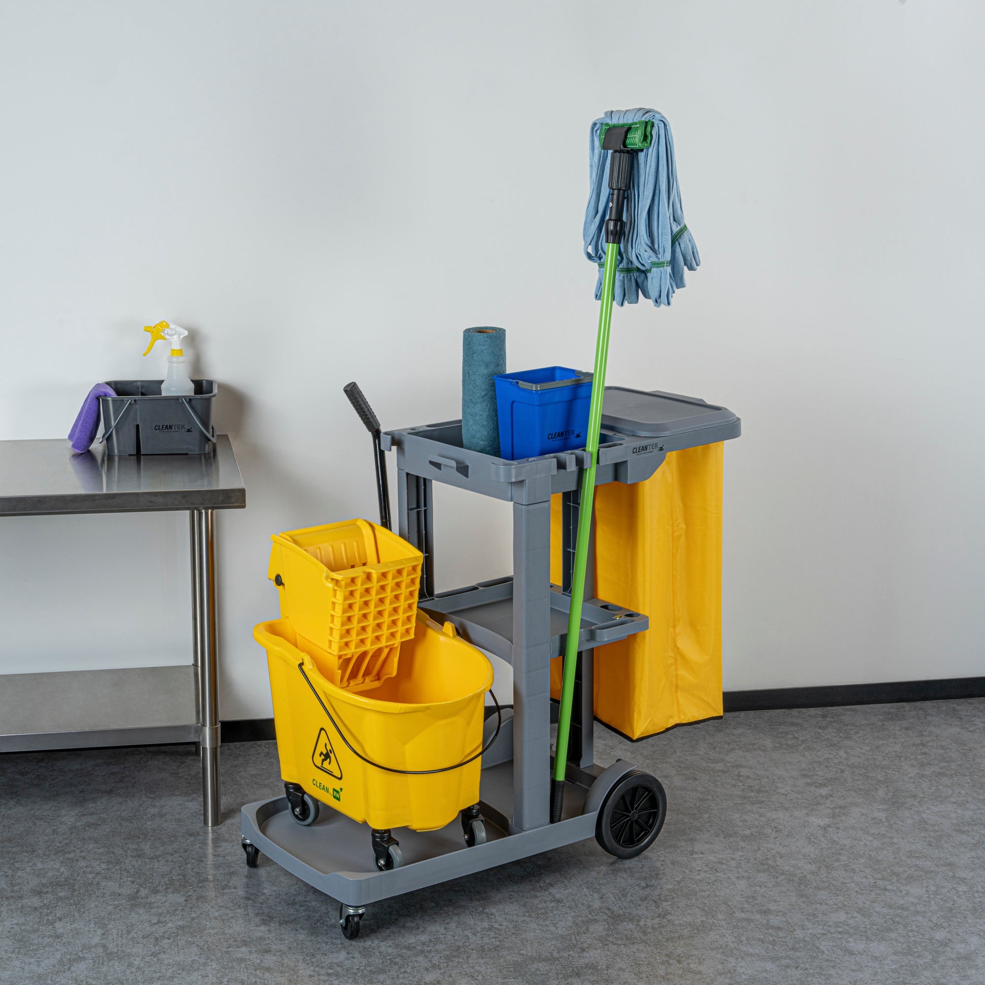 Clean Tek Professional Gray 3-Shelf Janitor Cart - 18 gal Bag, Lid - 44" x 18 1/2" x 39" - 1 count box