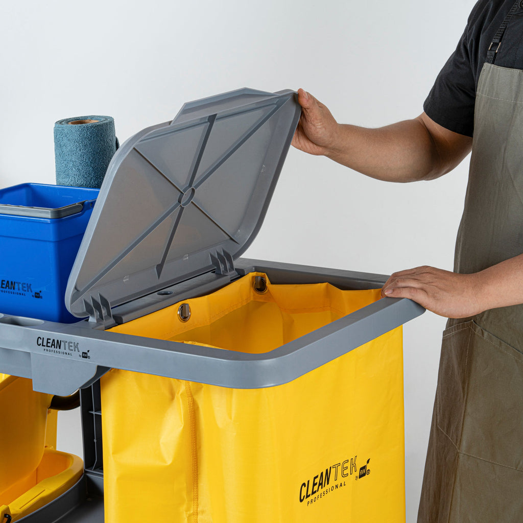 Clean Tek Professional Gray 3-Shelf Janitor Cart - 18 gal Bag, Lid - 44" x 18 1/2" x 39" - 1 count box