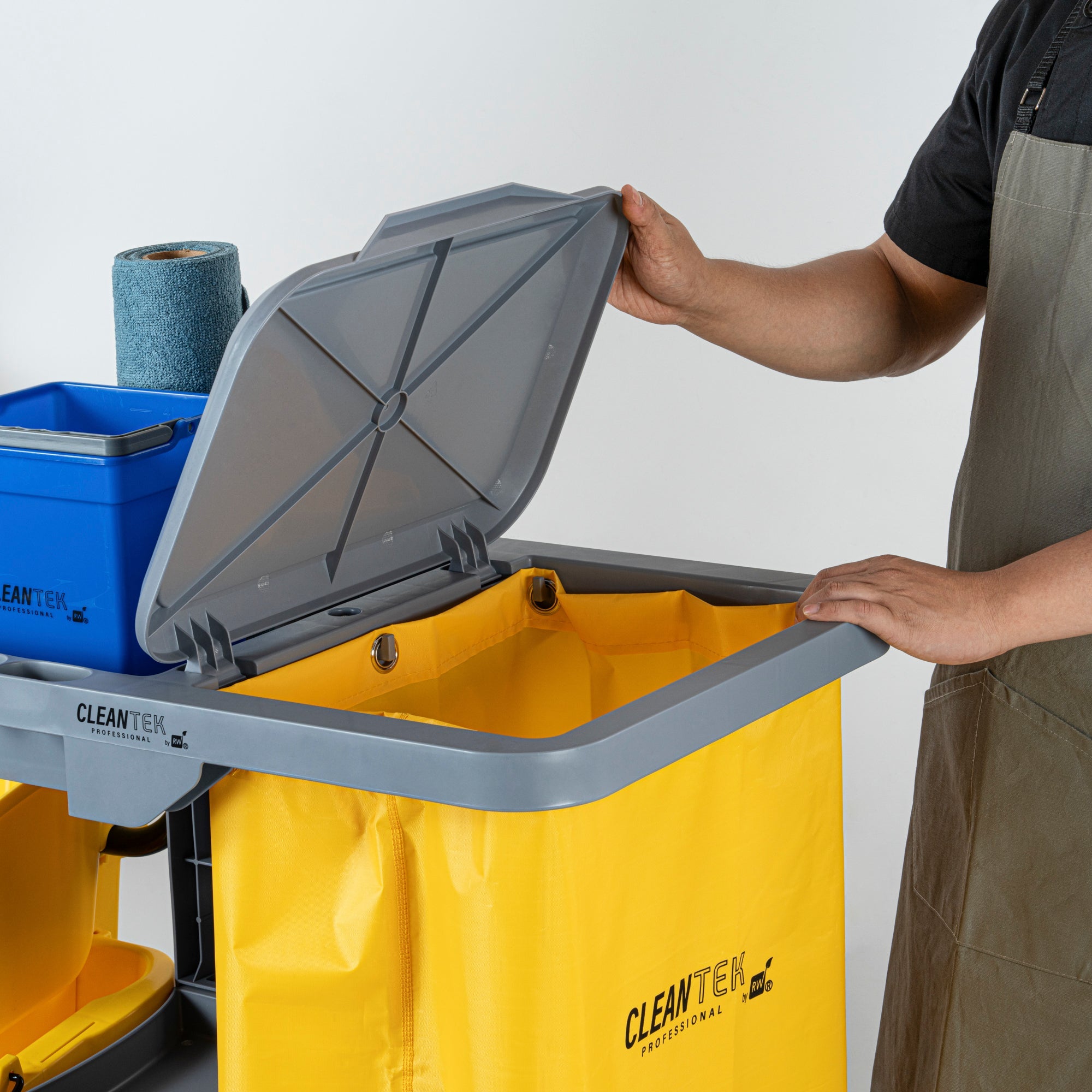 Clean Tek Professional Gray 3-Shelf Janitor Cart - 18 gal Bag, Lid - 44" x 18 1/2" x 39" - 1 count box