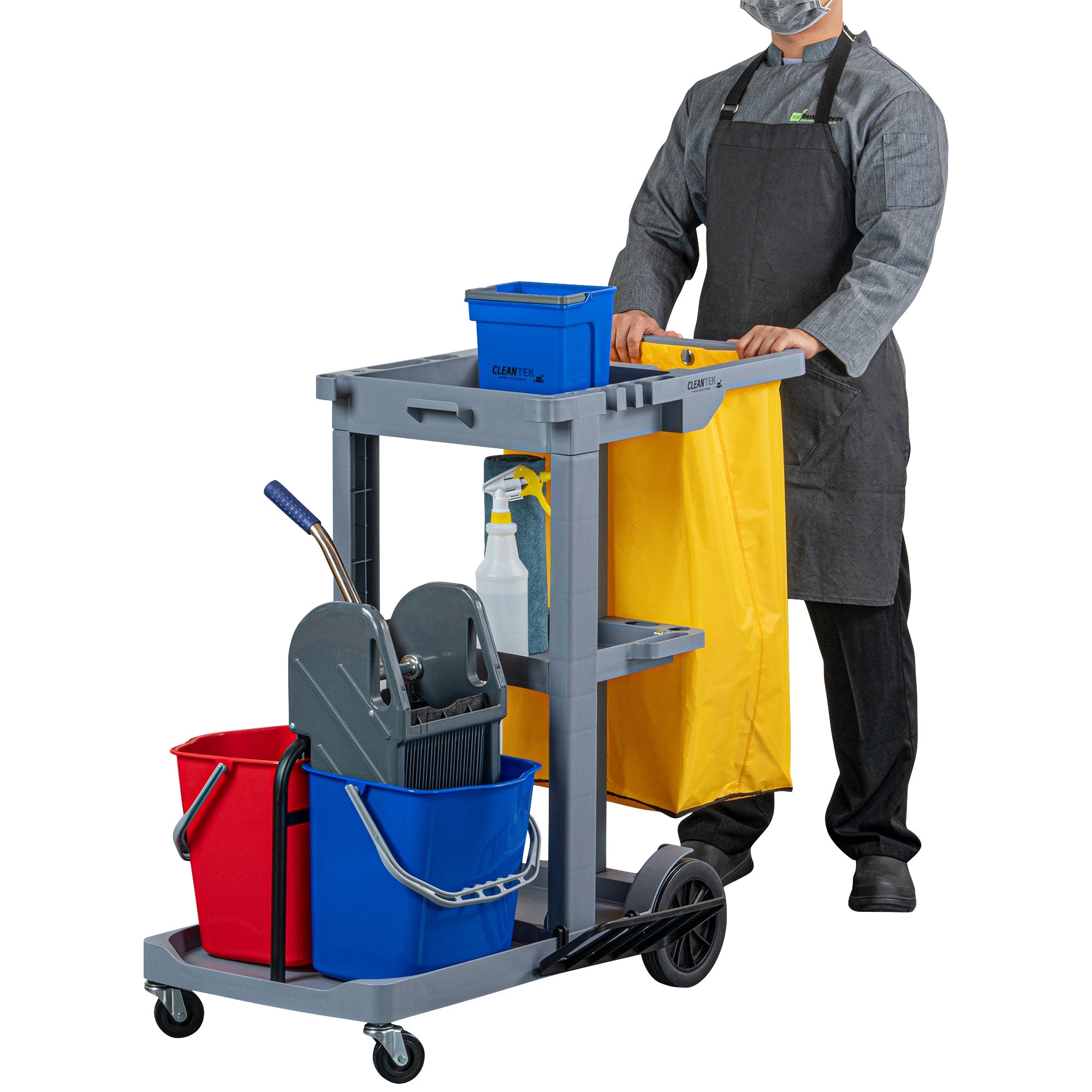 Clean Tek Professional Gray 3-Shelf Janitor Cart - 18 gal Bag, 2 Buckets, Wringer - 44" x 28" x 37 3/4" - 1 count box