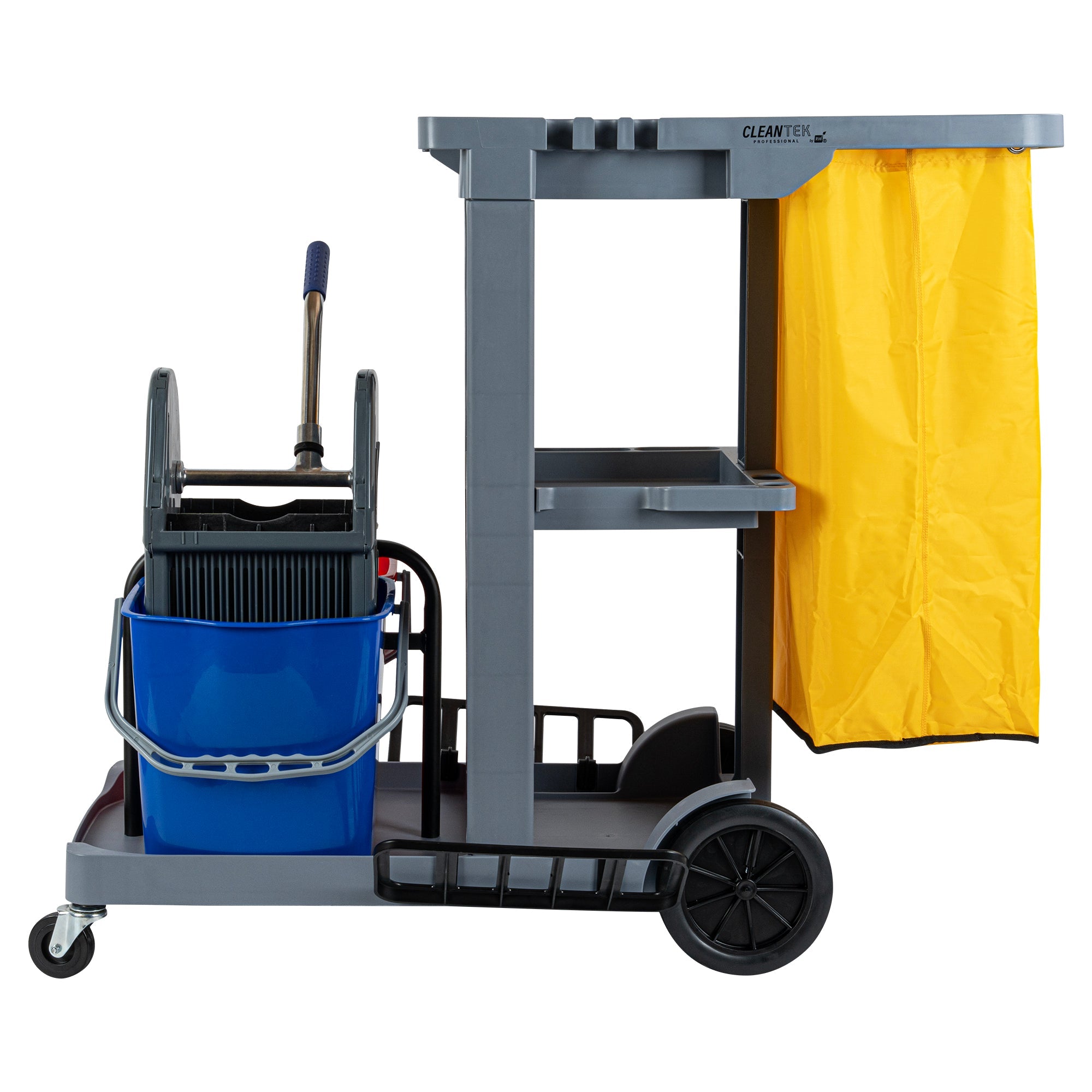 Clean Tek Professional Gray 3-Shelf Janitor Cart - 18 gal Bag, 2 Buckets, Wringer - 44" x 28" x 37 3/4" - 1 count box