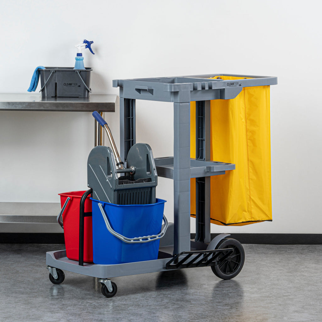 Clean Tek Professional Gray 3-Shelf Janitor Cart - 18 gal Bag, 2 Buckets, Wringer - 44" x 28" x 37 3/4" - 1 count box