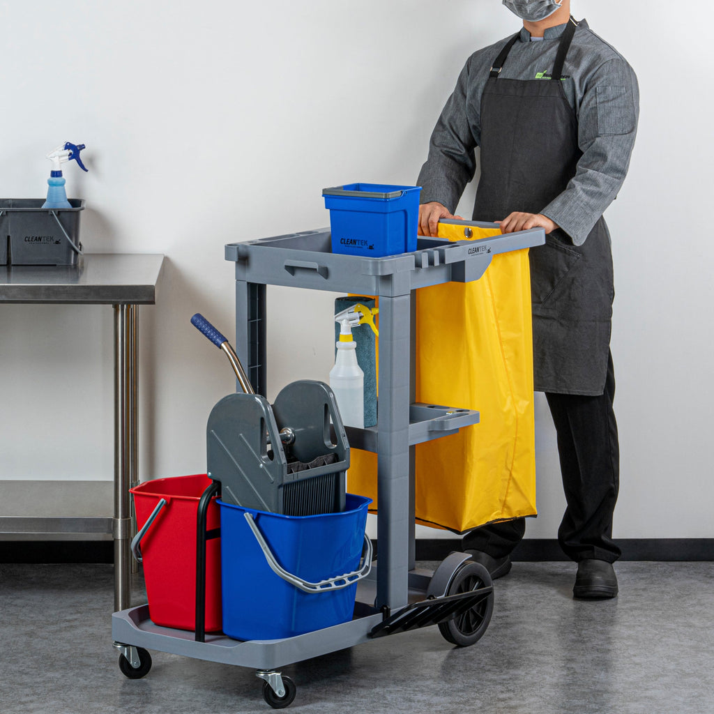 Clean Tek Professional Gray 3-Shelf Janitor Cart - 18 gal Bag, 2 Buckets, Wringer - 44" x 28" x 37 3/4" - 1 count box
