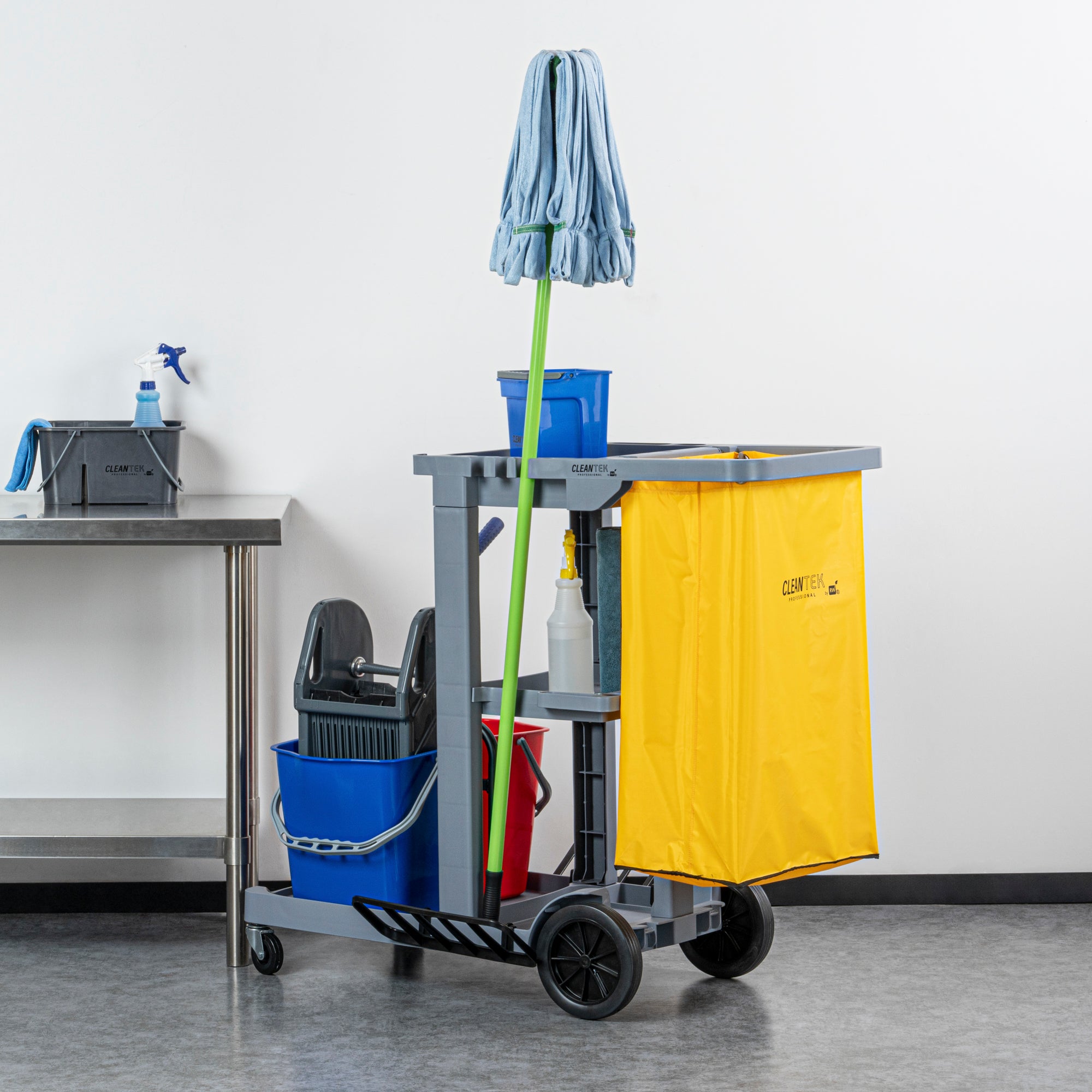 Clean Tek Professional Gray 3-Shelf Janitor Cart - 18 gal Bag, 2 Buckets, Wringer - 44" x 28" x 37 3/4" - 1 count box