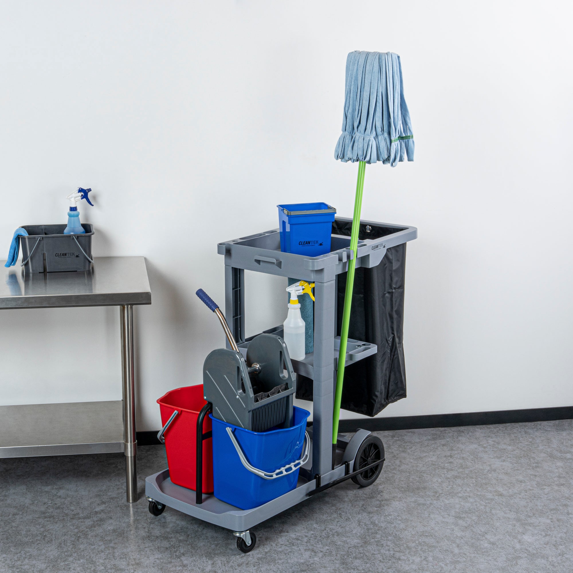 Clean Tek Professional Gray 3-Shelf Janitor Cart - 18 gal Bag, 2 Buckets, Wringer - 44" x 28" x 37 3/4" - 1 count box