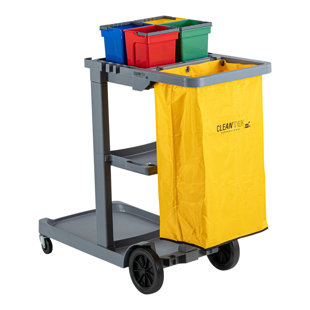 Clean Tek Professional Gray 3-Shelf Janitor Cart - 18 gal Bag, 4 Buckets - 44" x 18 1/2" x 43 1/4" - 1 count box