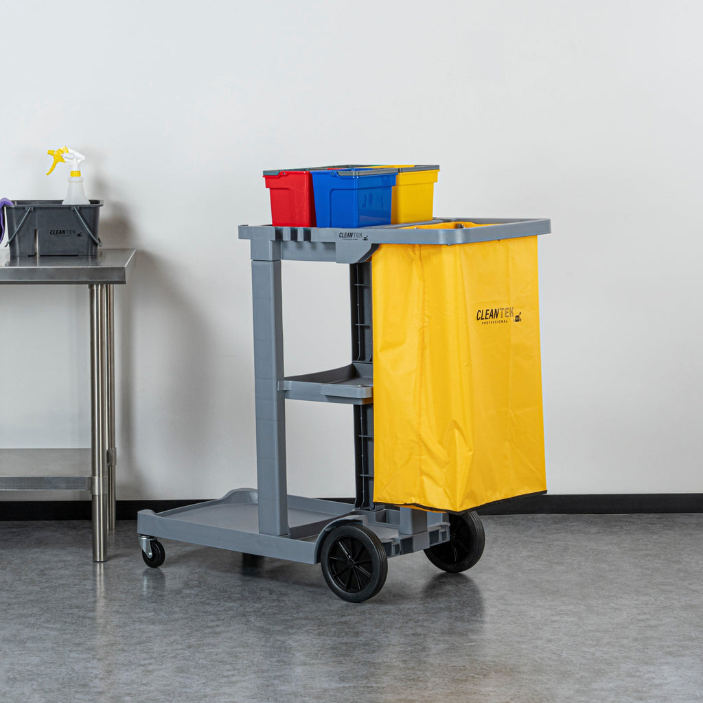 Clean Tek Professional Gray 3-Shelf Janitor Cart - 18 gal Bag, 4 Buckets - 44" x 18 1/2" x 43 1/4" - 1 count box