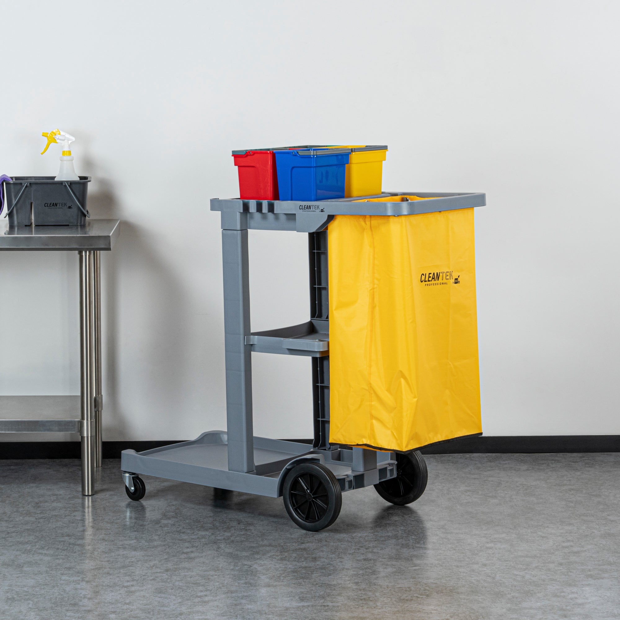 Clean Tek Professional Gray 3-Shelf Janitor Cart - 18 gal Bag, 4 Buckets - 44" x 18 1/2" x 43 1/4" - 1 count box
