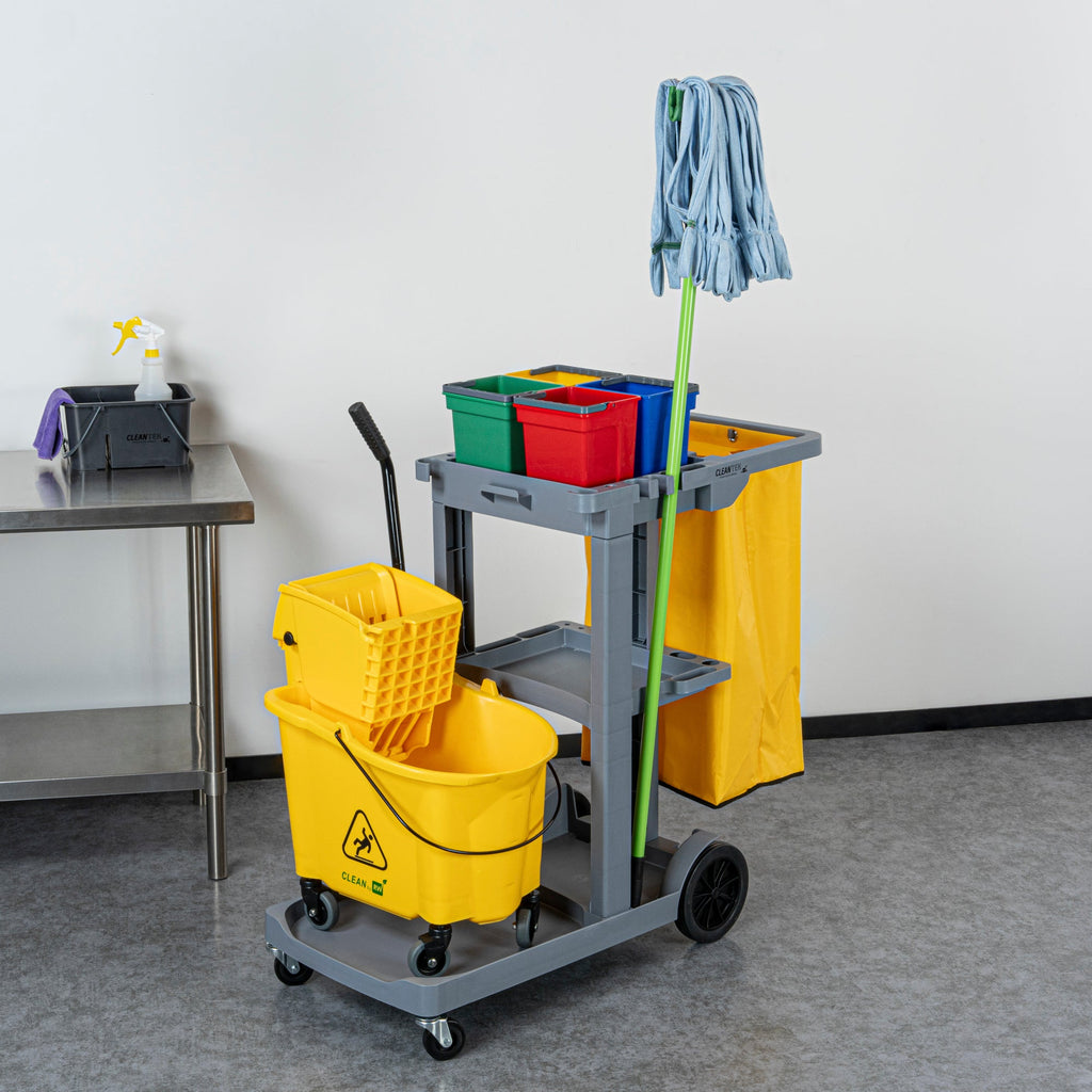 Clean Tek Professional Gray 3-Shelf Janitor Cart - 18 gal Bag, 4 Buckets - 44" x 18 1/2" x 43 1/4" - 1 count box