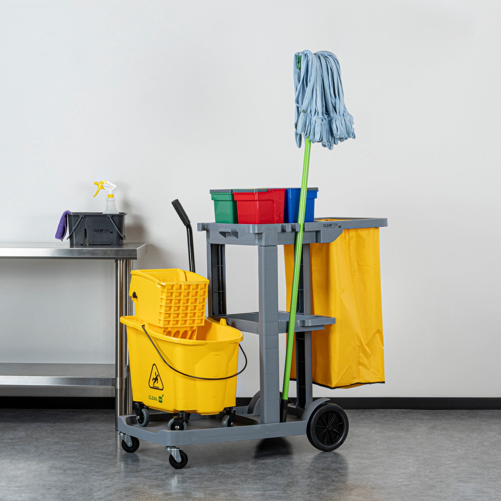 Clean Tek Professional Gray 3-Shelf Janitor Cart - 18 gal Bag, 4 Buckets - 44" x 18 1/2" x 43 1/4" - 1 count box