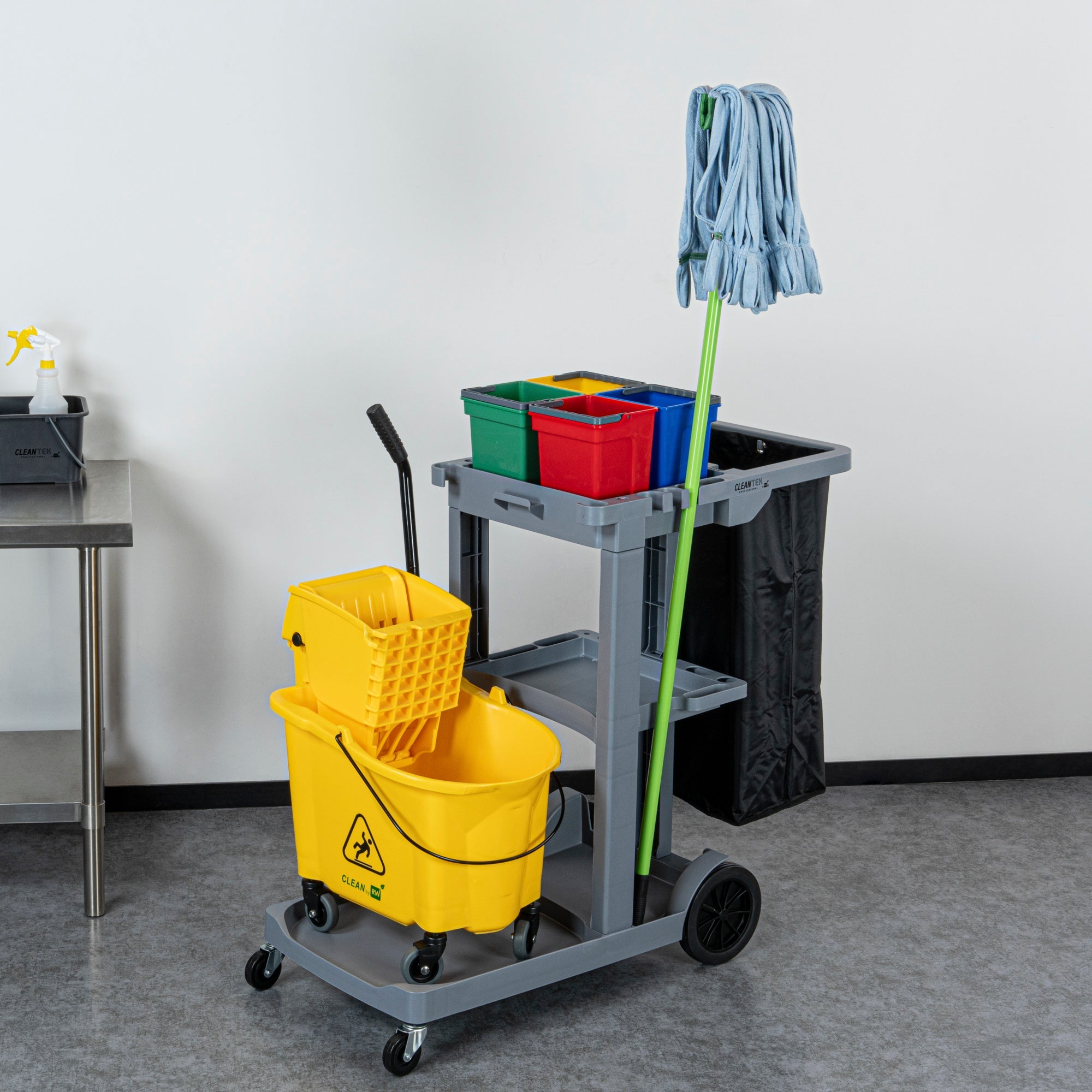 Clean Tek Professional Gray 3-Shelf Janitor Cart - 18 gal Bag, 4 Buckets - 44" x 18 1/2" x 43 1/4" - 1 count box