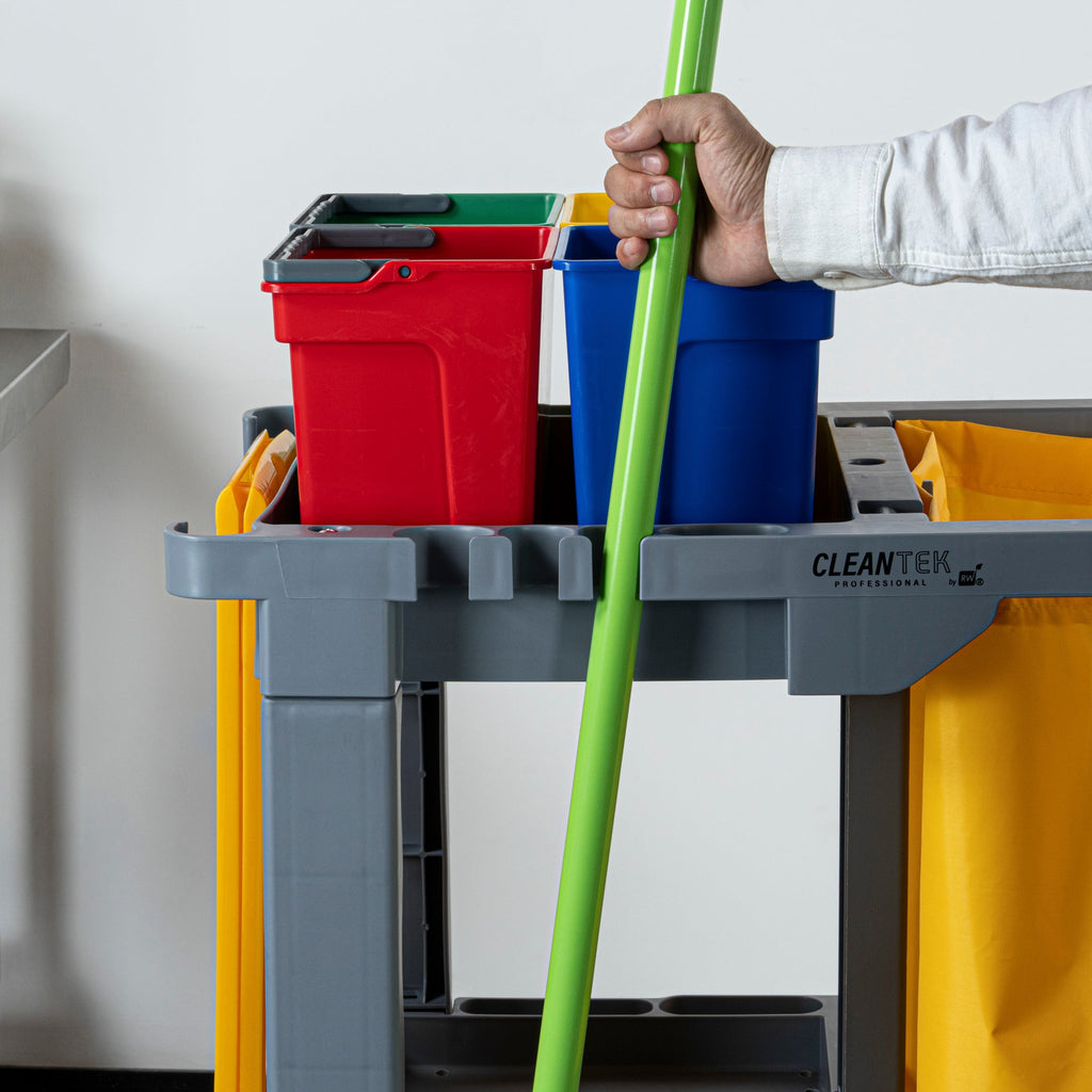 Clean Tek Professional Gray 3-Shelf Janitor Cart - 18 gal Bag, 4 Buckets - 44" x 18 1/2" x 43 1/4" - 1 count box