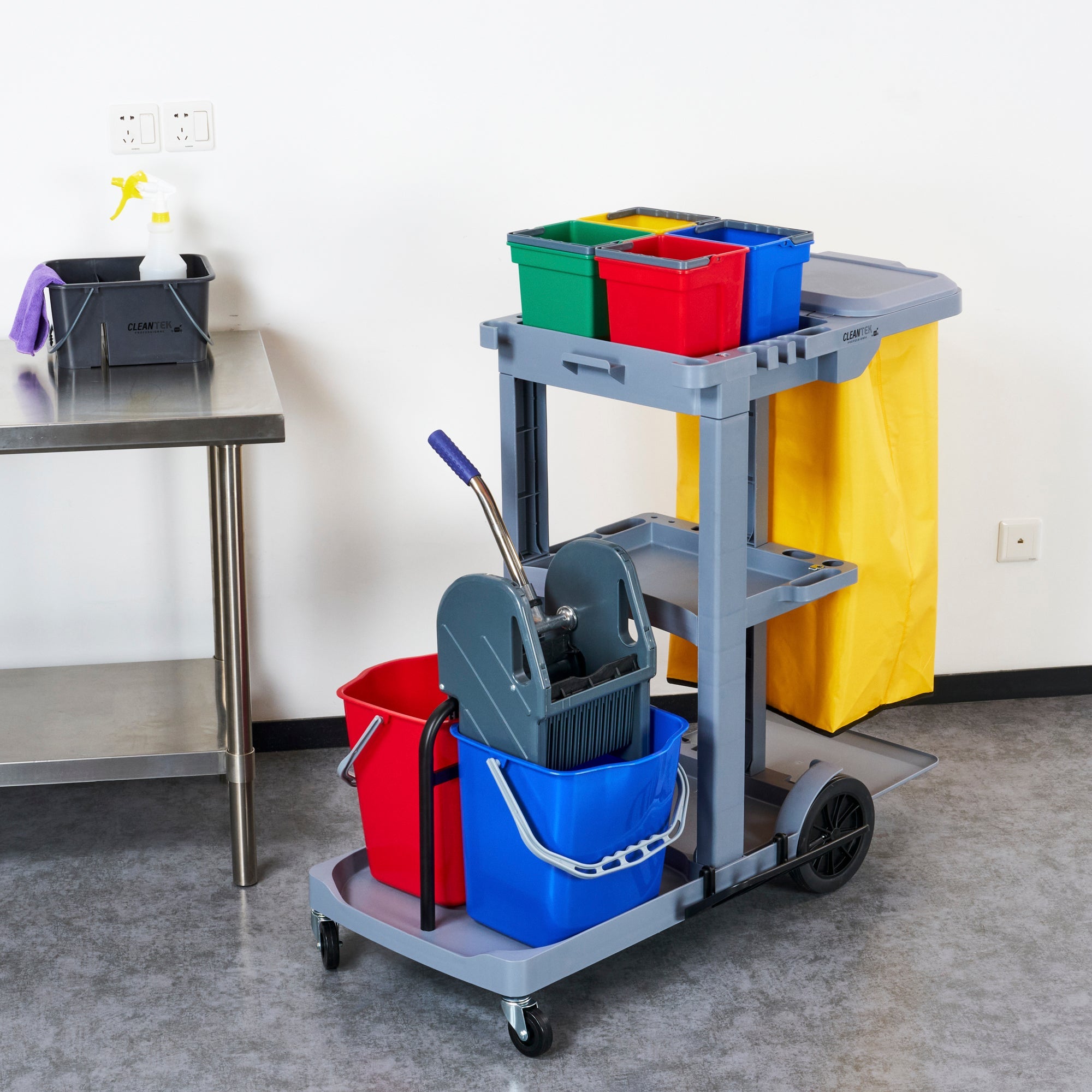 Clean Tek Professional Gray 3-Shelf Janitor Cart - 18 gal Bag, Lid, 6 Buckets and 1 Wringer - 44" x 28" x 43 1/4" - 1 count box