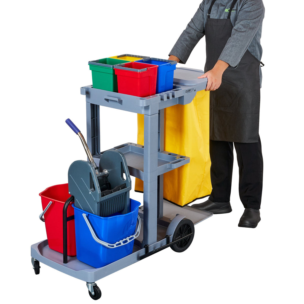 Clean Tek Professional Gray 3-Shelf Janitor Cart - 18 gal Bag, Lid, 6 Buckets and 1 Wringer - 44" x 28" x 43 1/4" - 1 count box