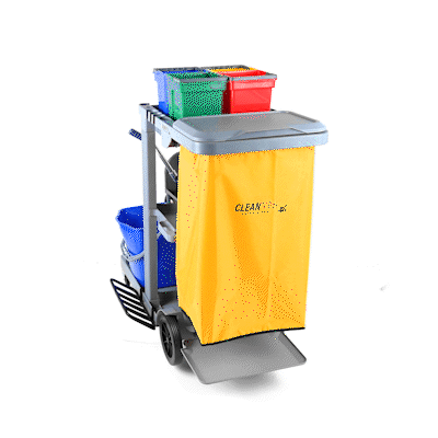 Clean Tek Professional Gray 3-Shelf Janitor Cart - 18 gal Bag, Lid, 6 Buckets and 1 Wringer - 44" x 28" x 43 1/4" - 1 count box