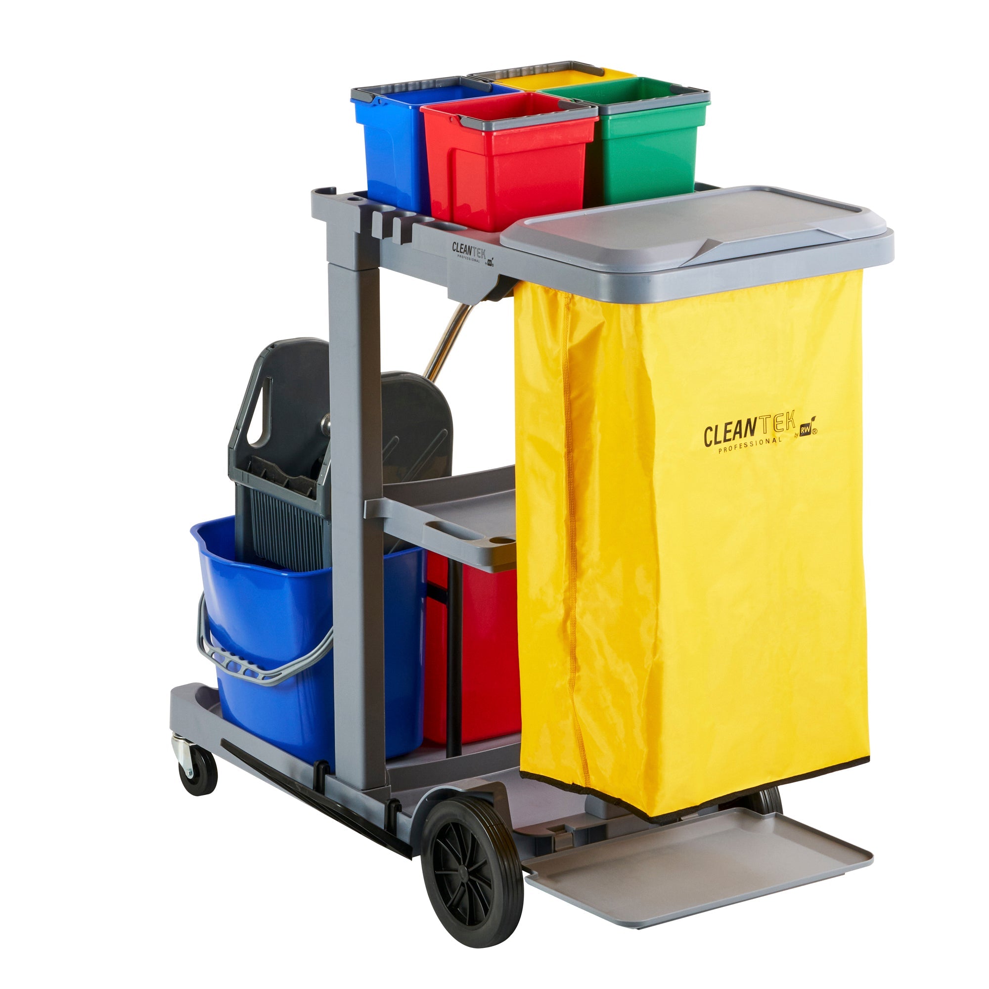 Clean Tek Professional Gray 3-Shelf Janitor Cart - 18 gal Bag, Lid, 6 Buckets and 1 Wringer - 44" x 28" x 43 1/4" - 1 count box