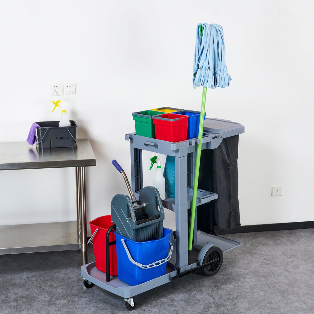 Clean Tek Professional Gray 3-Shelf Janitor Cart - 18 gal Bag, Lid, 6 Buckets and 1 Wringer - 44" x 28" x 43 1/4" - 1 count box