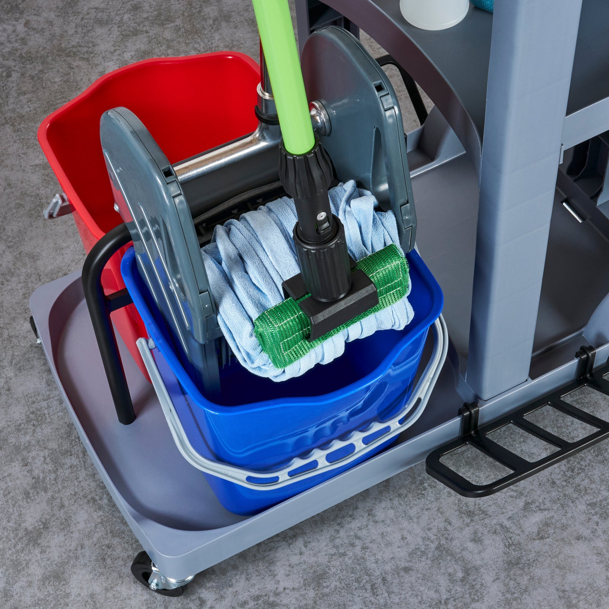 Clean Tek Professional Gray 3-Shelf Janitor Cart - 18 gal Bag, Lid, 6 Buckets and 1 Wringer - 44" x 28" x 43 1/4" - 1 count box