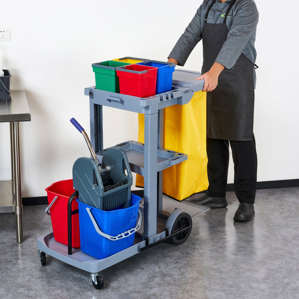Clean Tek Professional Gray 3-Shelf Janitor Cart - 18 gal Bag, Lid, 6 Buckets and 1 Wringer - 44" x 28" x 43 1/4" - 1 count box