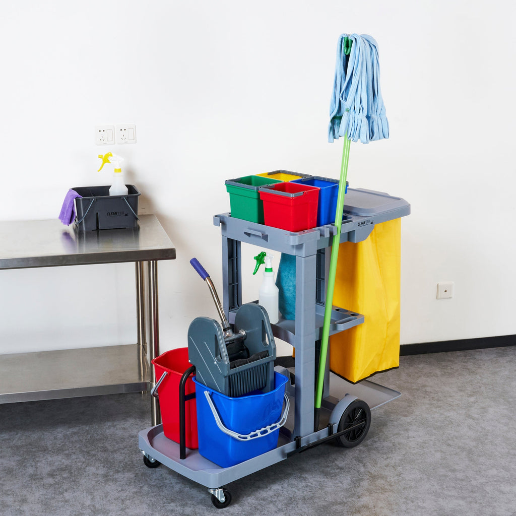 Clean Tek Professional Gray 3-Shelf Janitor Cart - 18 gal Bag, Lid, 6 Buckets and 1 Wringer - 44" x 28" x 43 1/4" - 1 count box