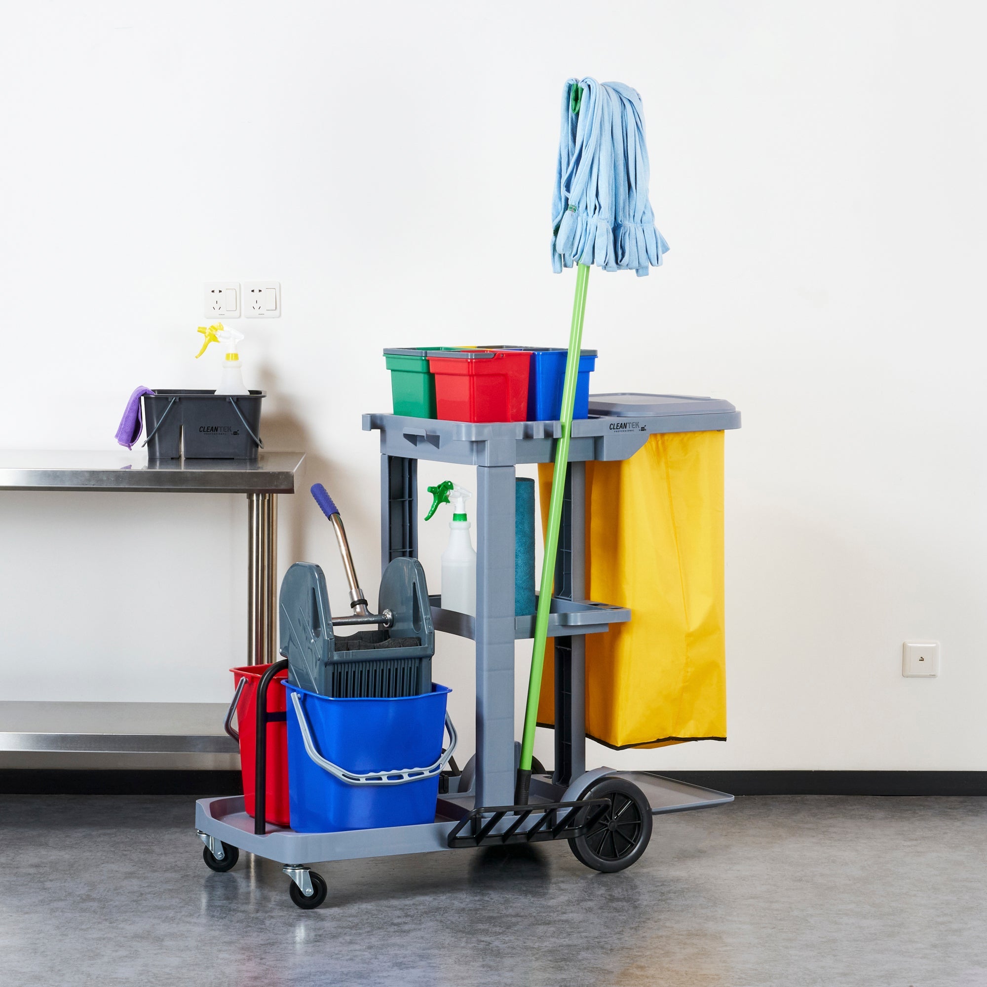 Clean Tek Professional Gray 3-Shelf Janitor Cart - 18 gal Bag, Lid, 6 Buckets and 1 Wringer - 44" x 28" x 43 1/4" - 1 count box