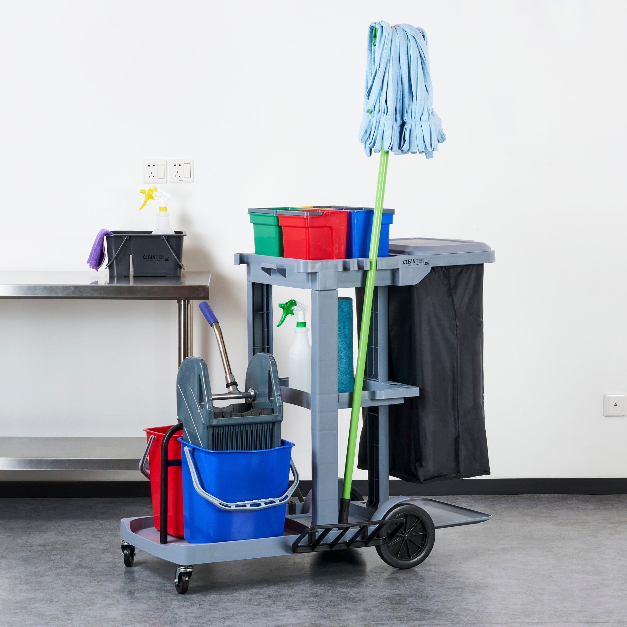 Clean Tek Professional Gray 3-Shelf Janitor Cart - 18 gal Bag, Lid, 6 Buckets and 1 Wringer - 44" x 28" x 43 1/4" - 1 count box