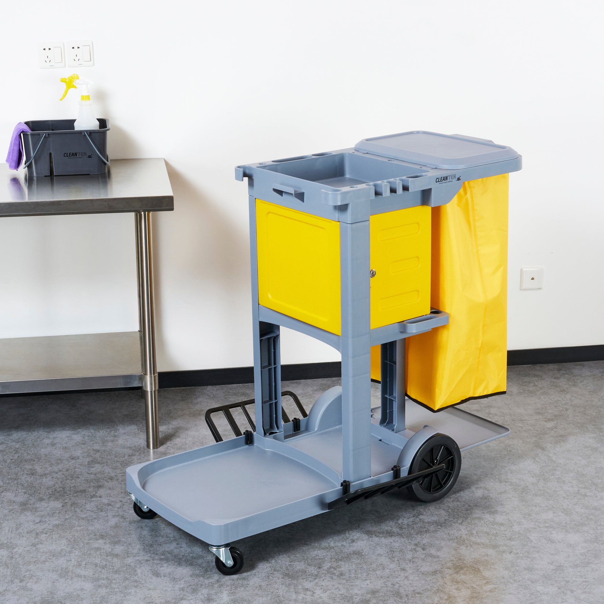Clean Tek Professional Gray 3-Shelf Janitor Cart - 18 gal Bag, Lid, Locking Cabinet - 44" x 28" x 39" - 1 count box