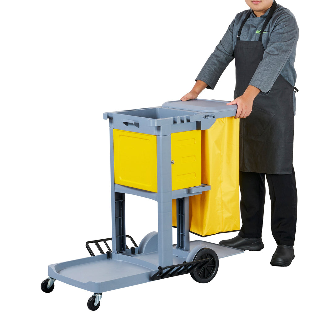 Clean Tek Professional Gray 3-Shelf Janitor Cart - 18 gal Bag, Lid, Locking Cabinet - 44" x 28" x 39" - 1 count box