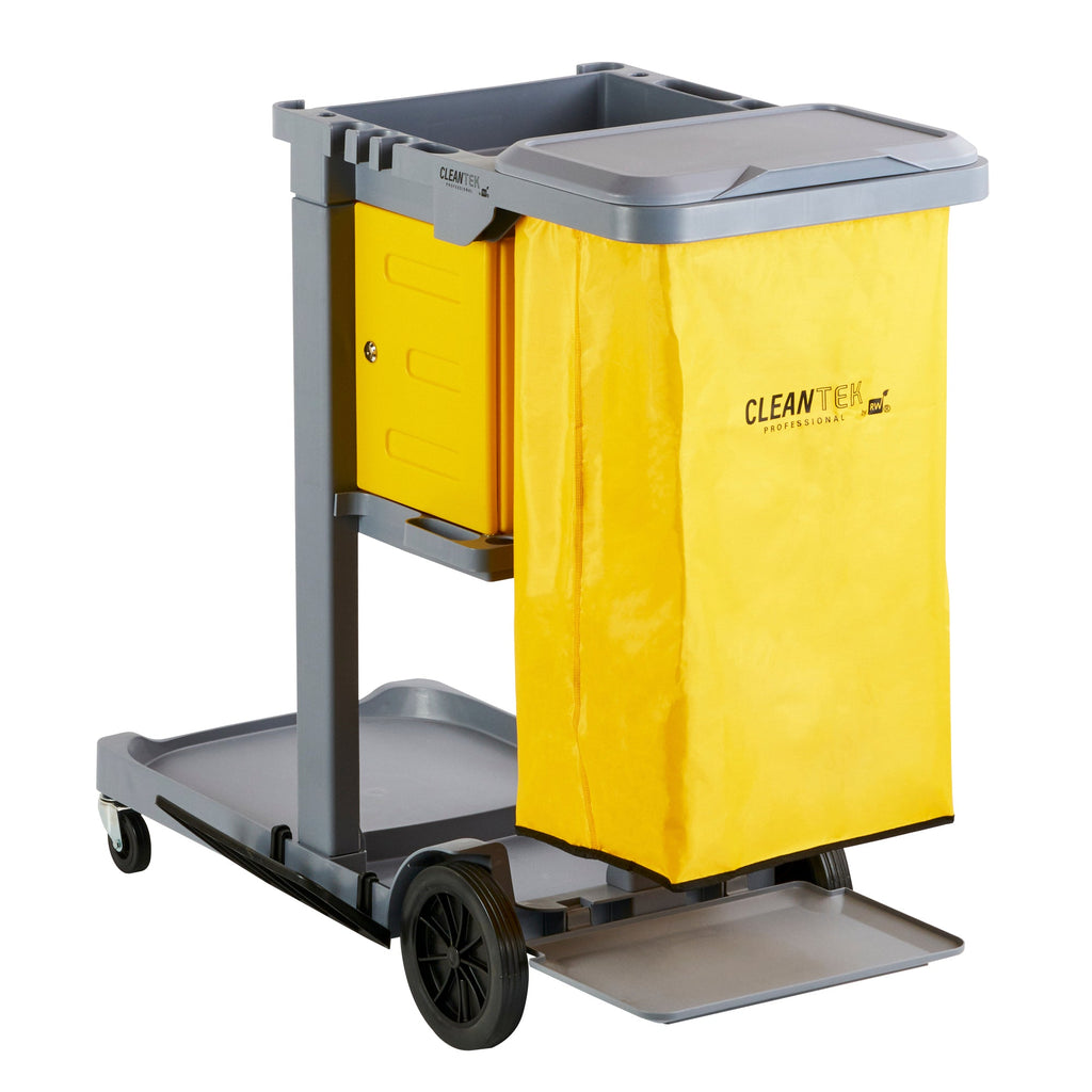 Clean Tek Professional Gray 3-Shelf Janitor Cart - 18 gal Bag, Lid, Locking Cabinet - 44" x 28" x 39" - 1 count box