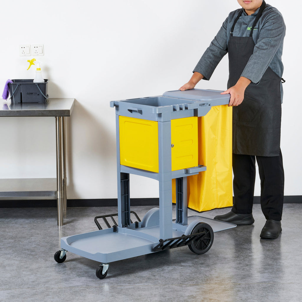 Clean Tek Professional Gray 3-Shelf Janitor Cart - 18 gal Bag, Lid, Locking Cabinet - 44" x 28" x 39" - 1 count box