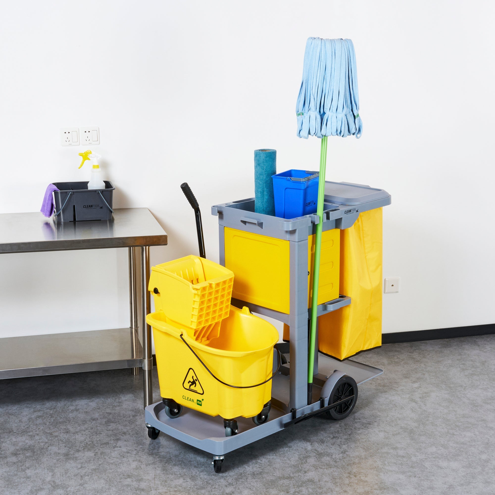 Clean Tek Professional Gray 3-Shelf Janitor Cart - 18 gal Bag, Lid, Locking Cabinet - 44" x 28" x 39" - 1 count box
