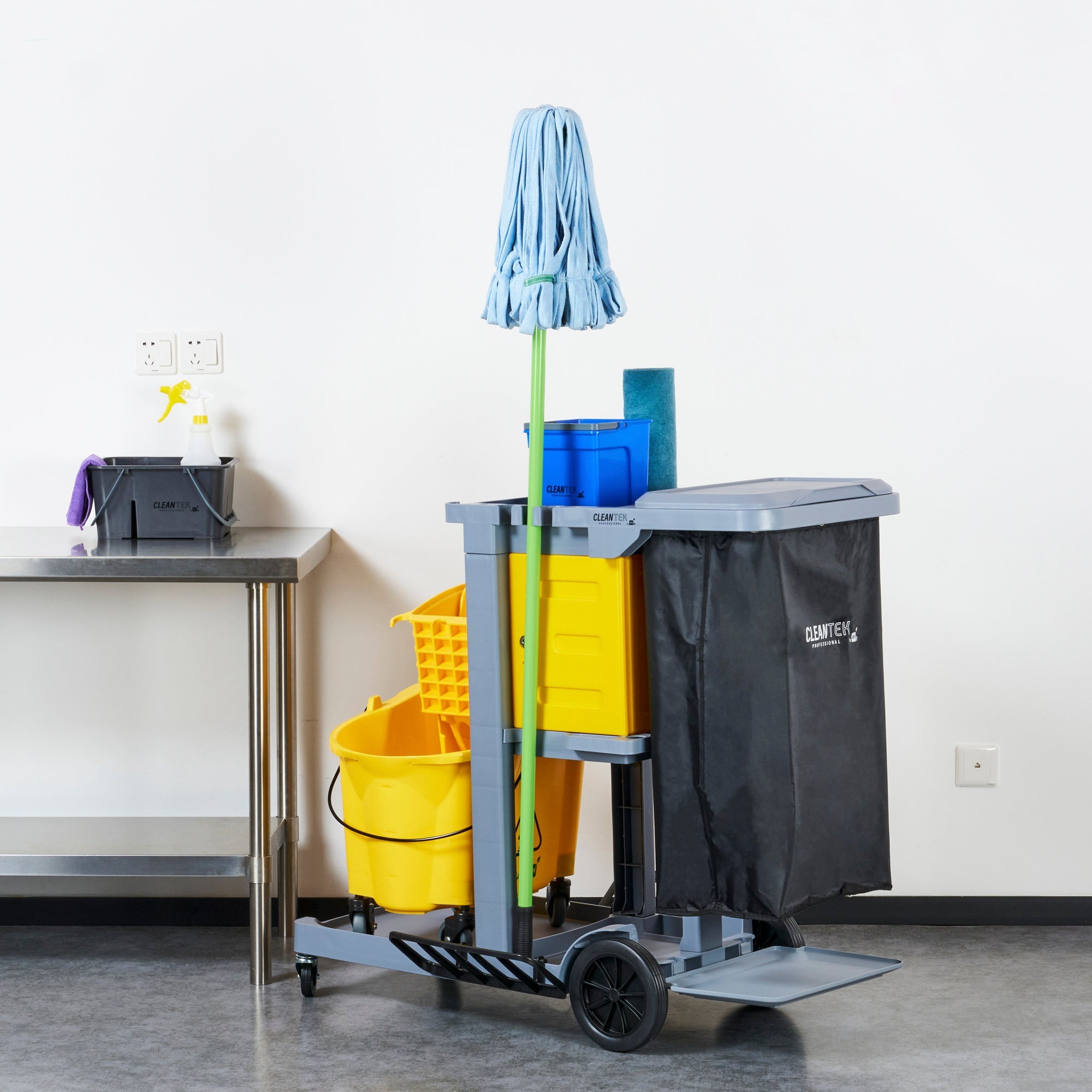 Clean Tek Professional Gray 3-Shelf Janitor Cart - 18 gal Bag, Lid, Locking Cabinet - 44" x 28" x 39" - 1 count box