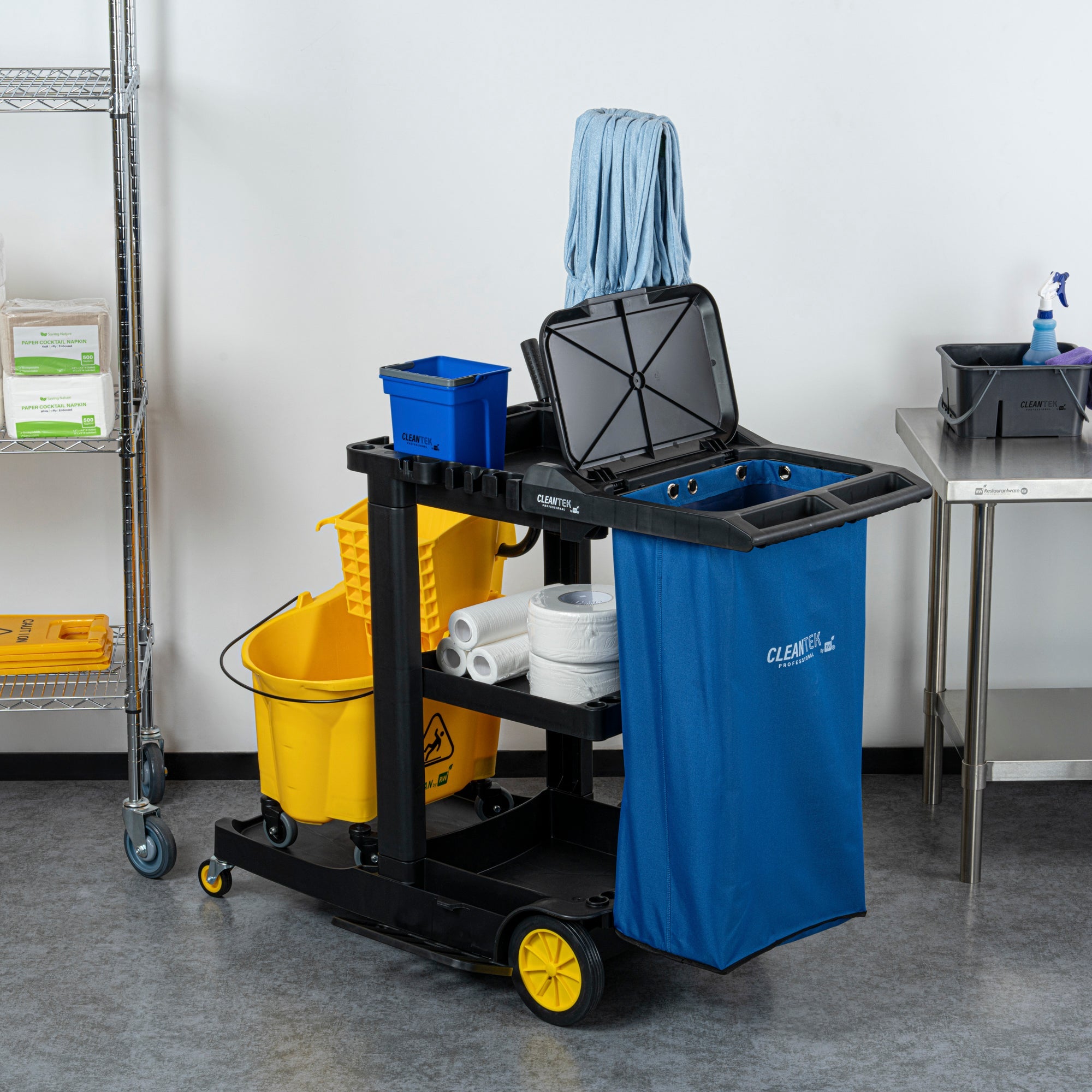 Clean Tek Professional Blue Plastic Bag - for Heavy Duty 3-Shelf Janitor Cart - 1 count box