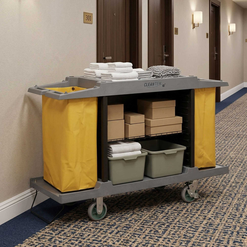 Clean Tek Professional Gray Hotel / Housekeeping Cart - 20 gal Bags, 3 Shelves - 59" x 21 1/4" x 38 3/4" - 1 count box