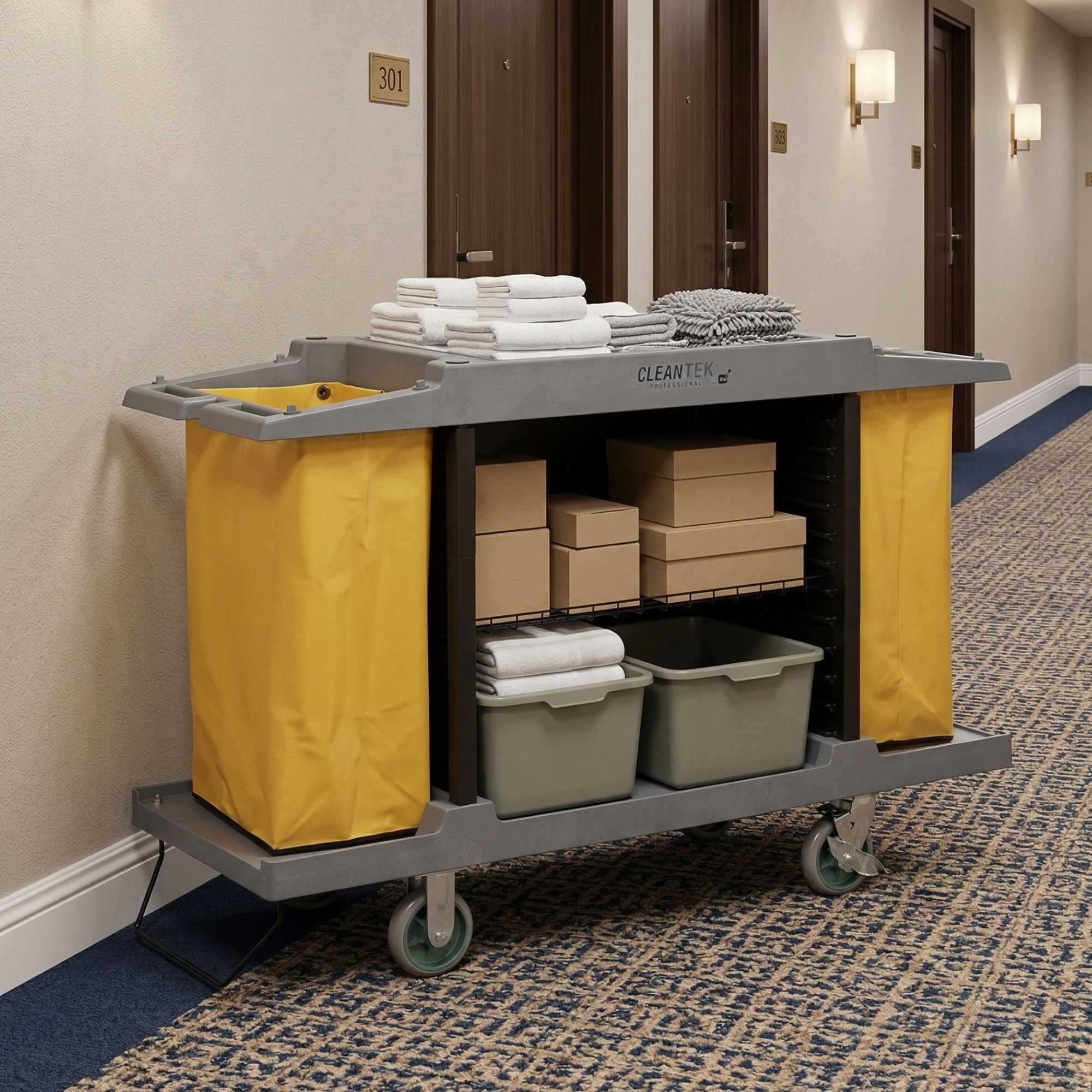 Clean Tek Professional Gray Hotel / Housekeeping Cart - 20 gal Bags, 3 Shelves - 59" x 21 1/4" x 38 3/4" - 1 count box