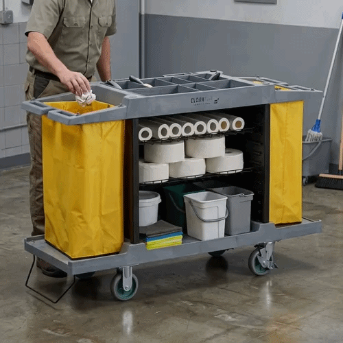 Clean Tek Professional Gray Hotel / Housekeeping Cart - 20 gal Bags, 3 Shelves - 59" x 21 1/4" x 38 3/4" - 1 count box