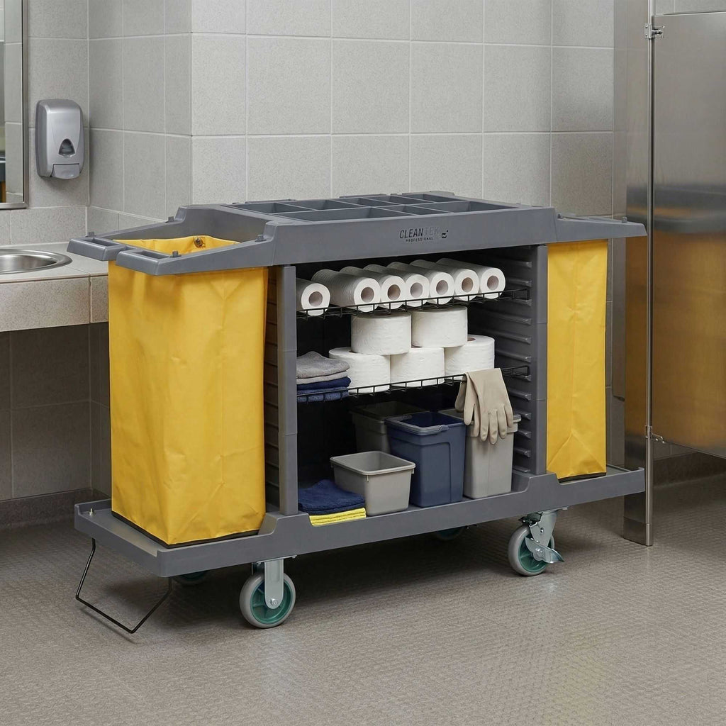 Clean Tek Professional Gray Hotel / Housekeeping Cart - 20 gal Bags, 3 Shelves - 59" x 21 1/4" x 38 3/4" - 1 count box
