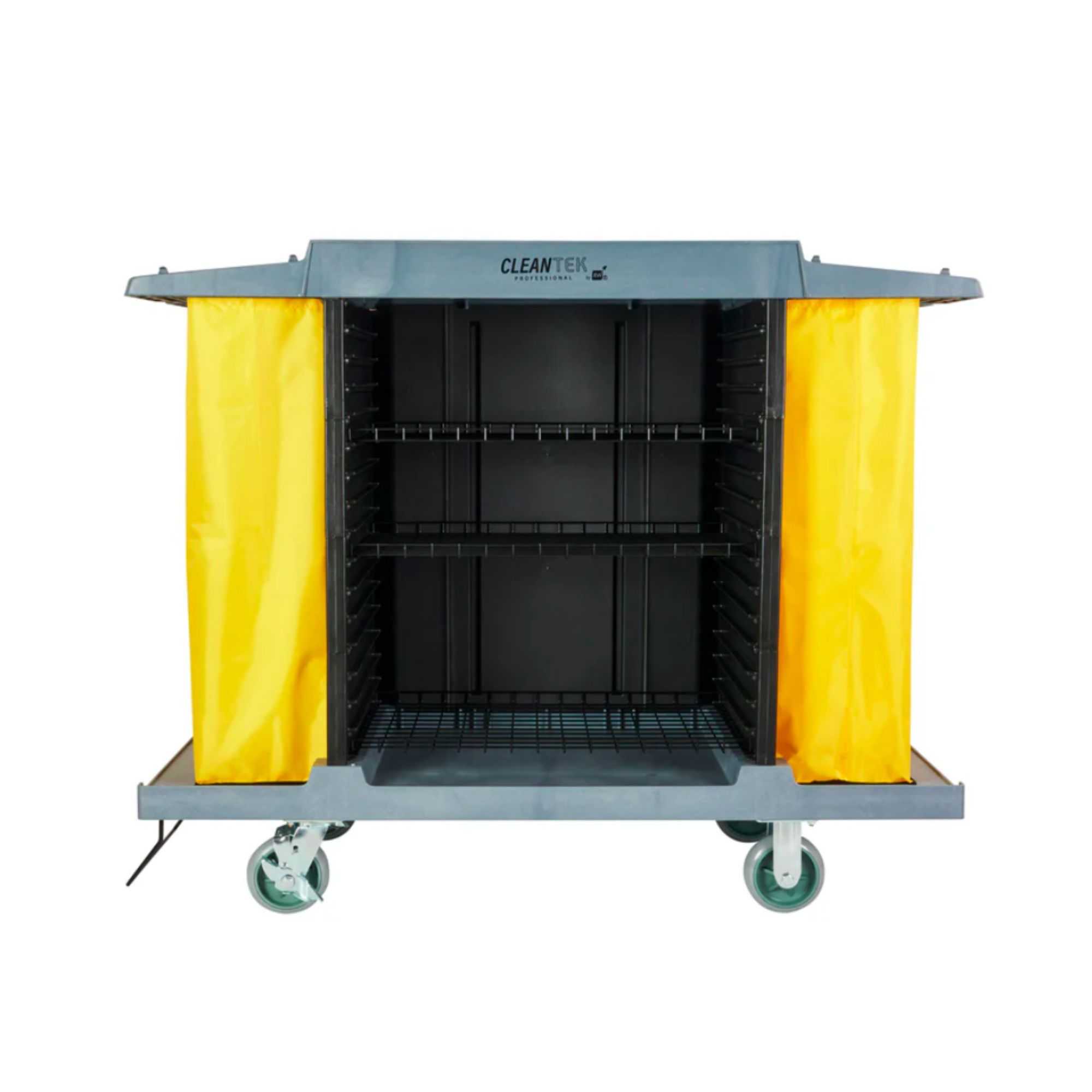 Clean Tek Professional Gray Hotel / Housekeeping Cart - 20 gal Bags, 4 Shelves - 59" x 21 1/4" x 47 1/4" - 1 count box