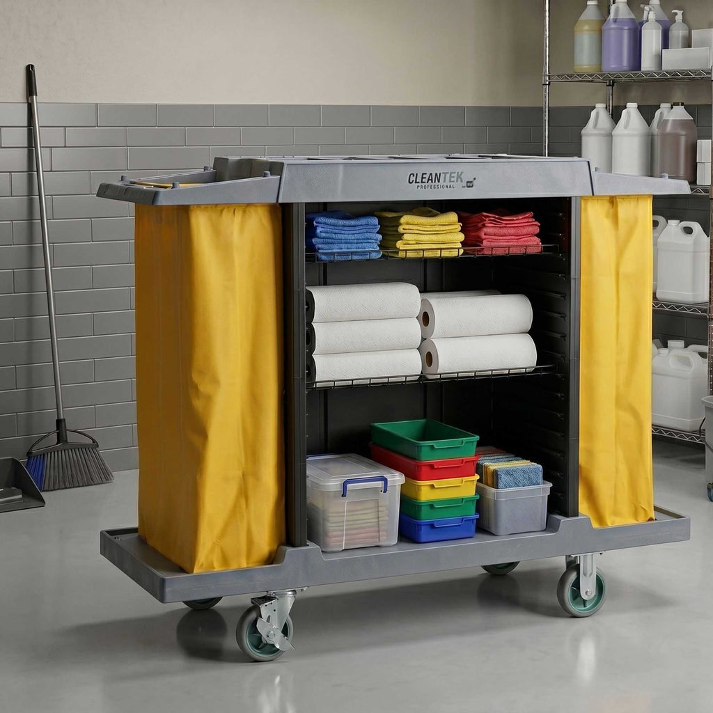 Clean Tek Professional Gray Hotel / Housekeeping Cart - 20 gal Bags, 4 Shelves - 59" x 21 1/4" x 47 1/4" - 1 count box