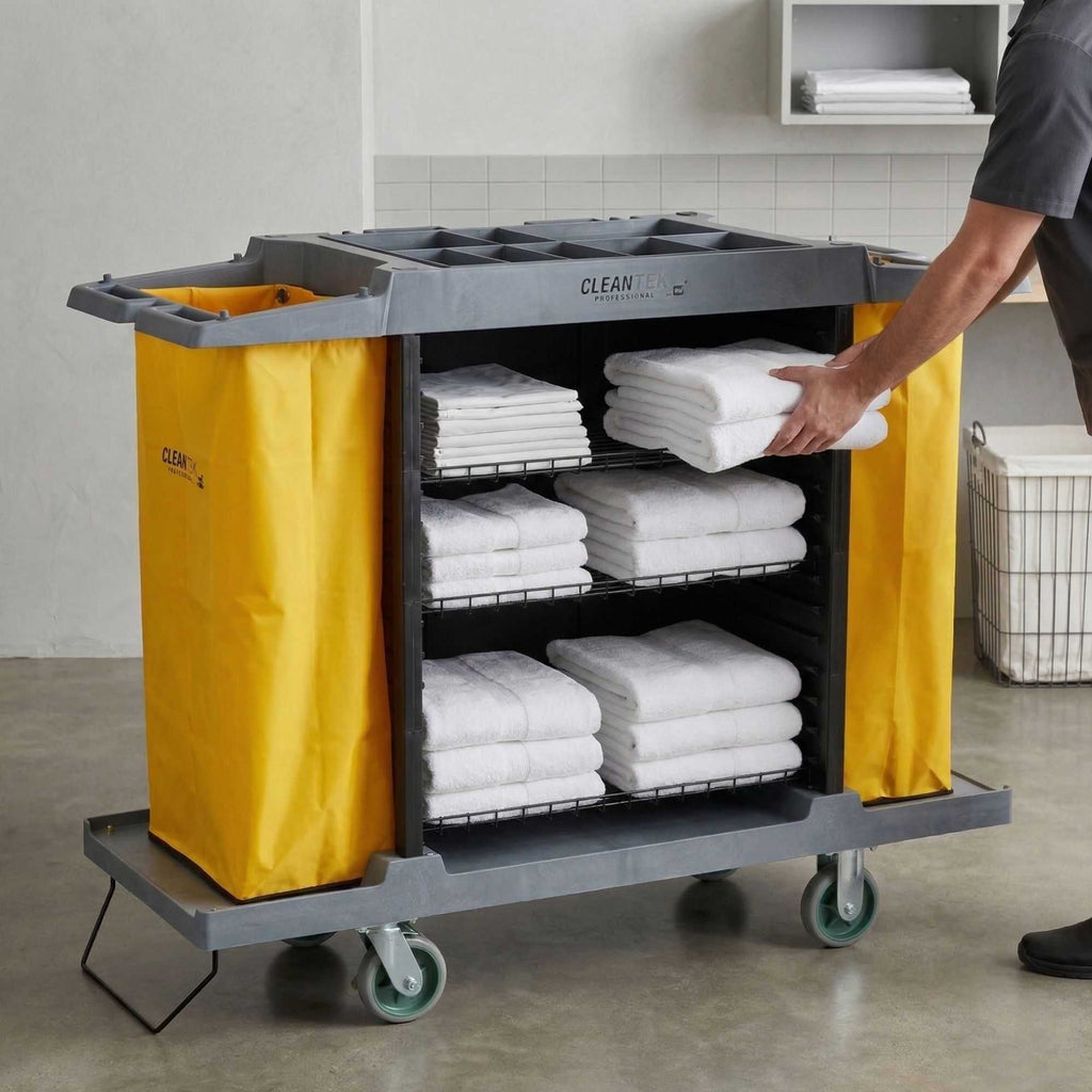 Clean Tek Professional Gray Hotel / Housekeeping Cart - 20 gal Bags, 4 Shelves - 59" x 21 1/4" x 47 1/4" - 1 count box
