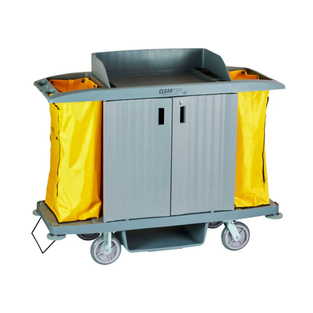 Clean Tek Professional Gray Hotel / Housekeeping Cart - 20 gal Bags, 3 Locking Shelves - 60 3/4" x 21 1/4" x 50 1/2" - 1 count box