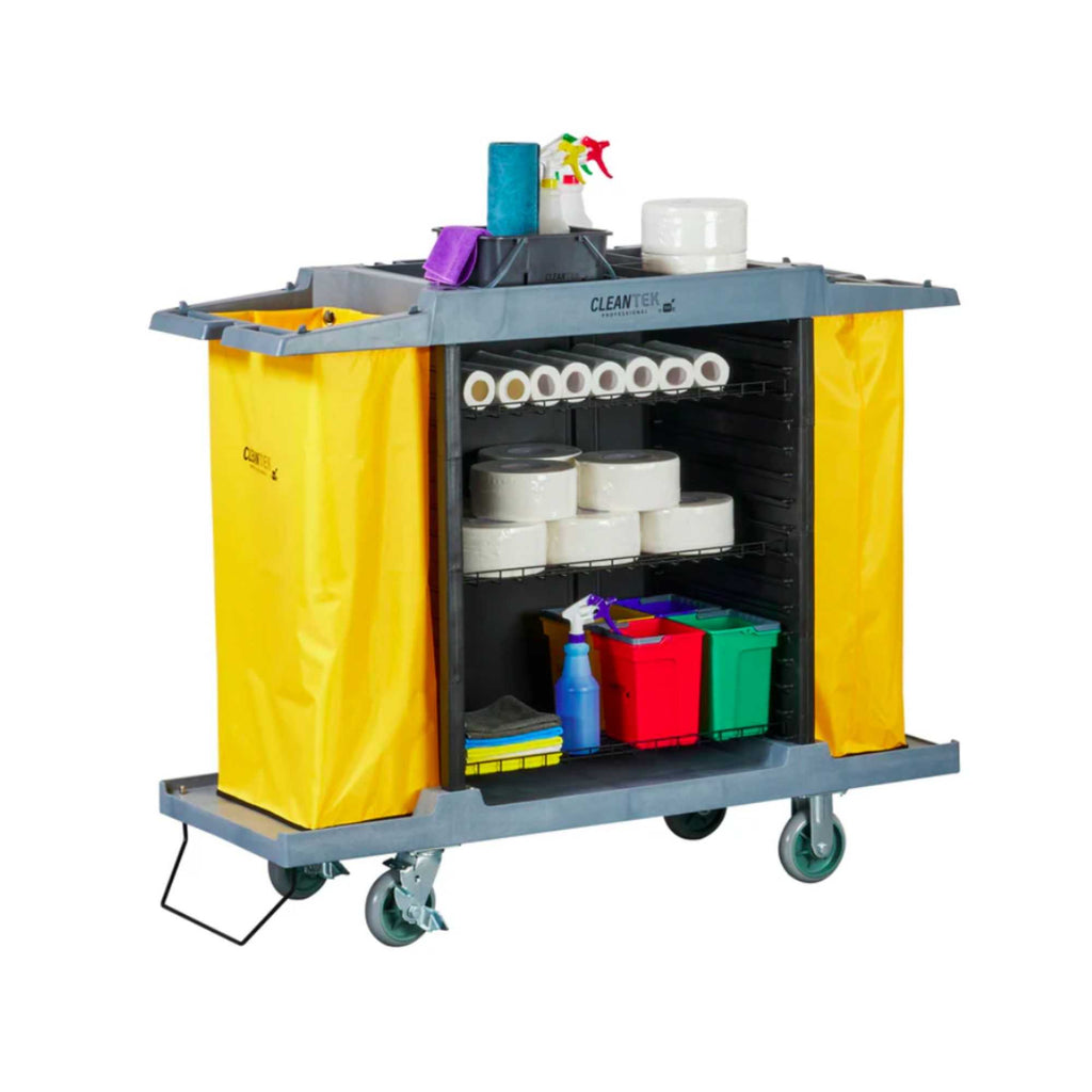 Clean Tek Professional Gray Hotel / Housekeeping Cart - 20 gal Bags, 3 Locking Shelves - 60 3/4" x 21 1/4" x 50 1/2" - 1 count box
