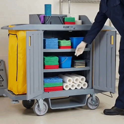 Clean Tek Professional Gray Hotel / Housekeeping Cart - 20 gal Bags, 3 Locking Shelves - 60 3/4" x 21 1/4" x 50 1/2" - 1 count box