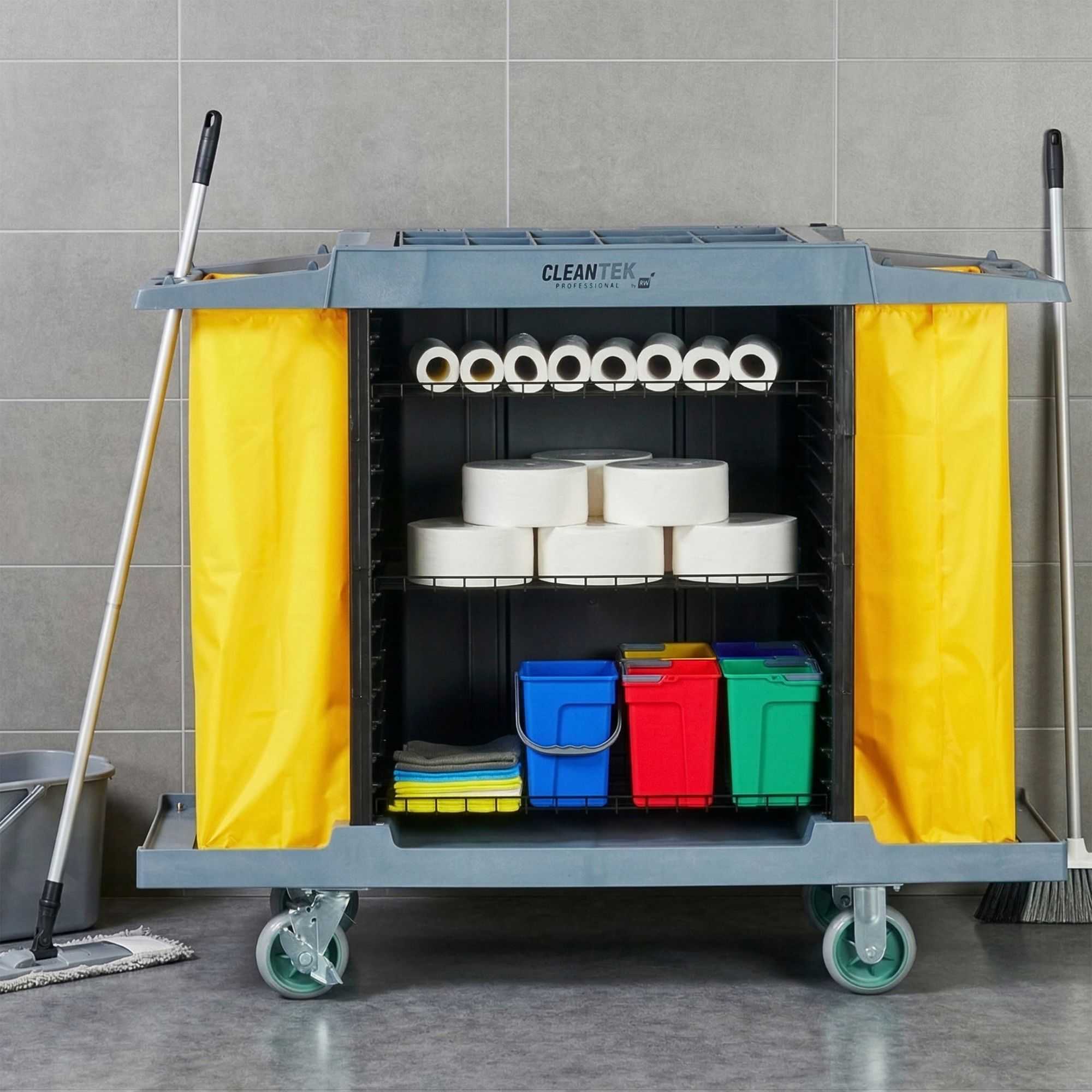 Clean Tek Professional Gray Hotel / Housekeeping Cart - 20 gal Bags, 3 Locking Shelves - 60 3/4" x 21 1/4" x 50 1/2" - 1 count box