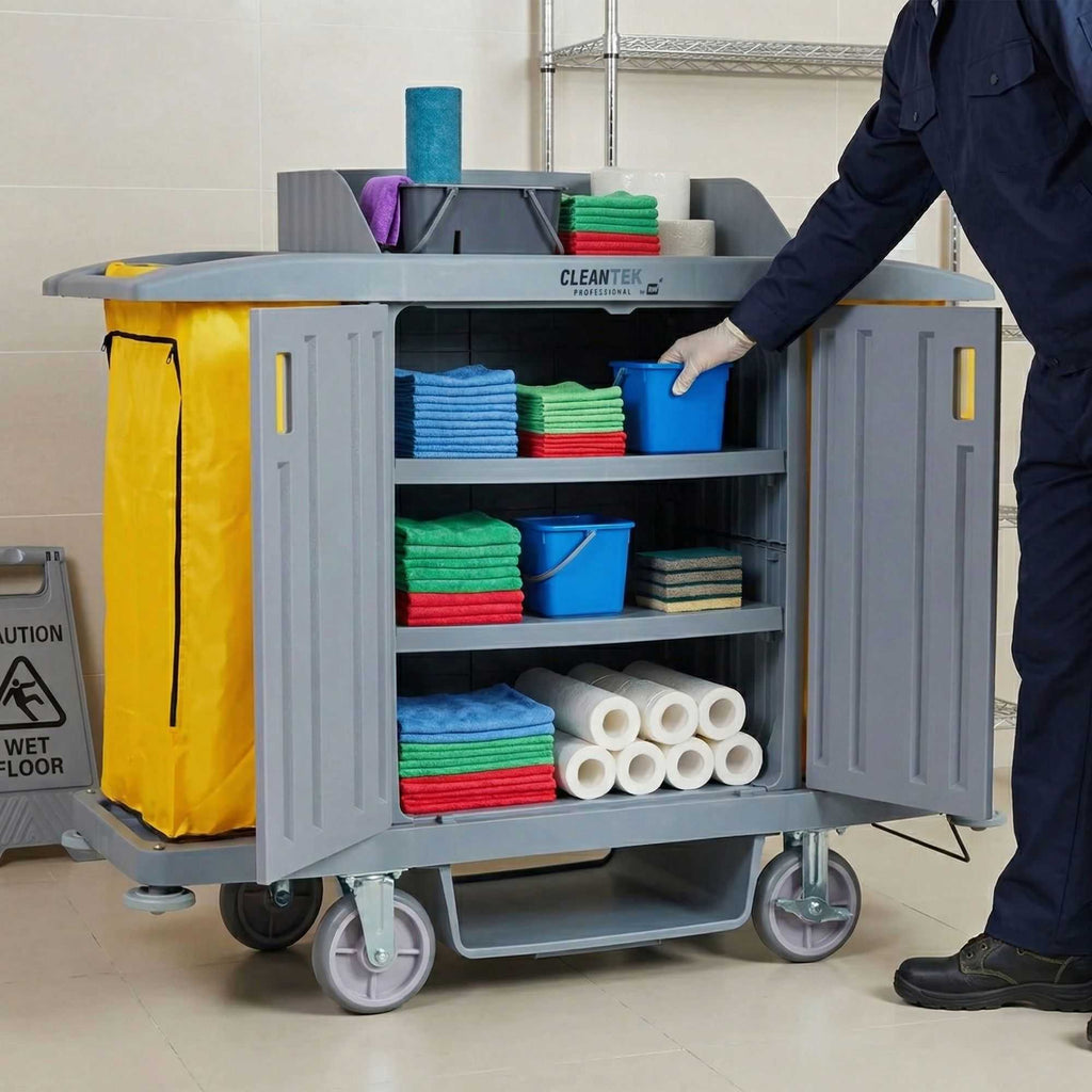 Clean Tek Professional Gray Hotel / Housekeeping Cart - 20 gal Bags, 3 Locking Shelves - 60 3/4" x 21 1/4" x 50 1/2" - 1 count box