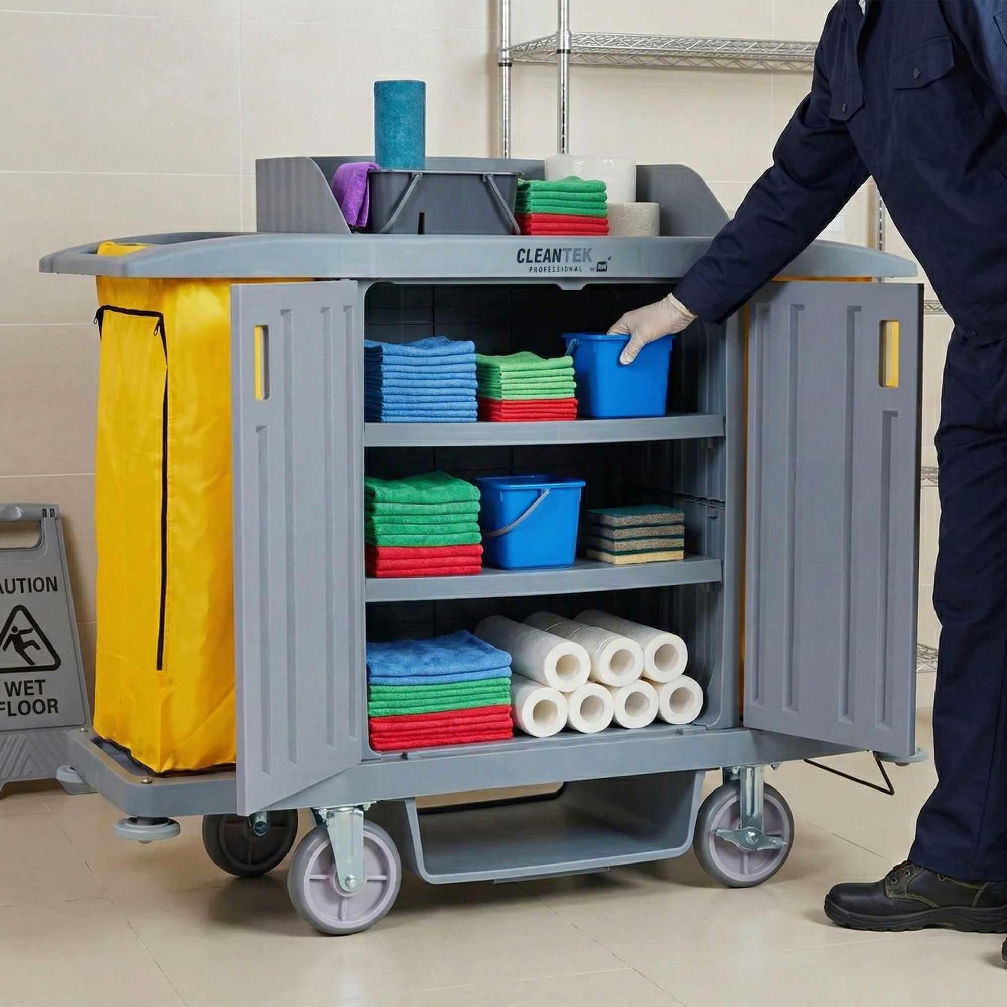 Clean Tek Professional Gray Hotel / Housekeeping Cart - 20 gal Bags, 3 Locking Shelves - 60 3/4" x 21 1/4" x 50 1/2" - 1 count box