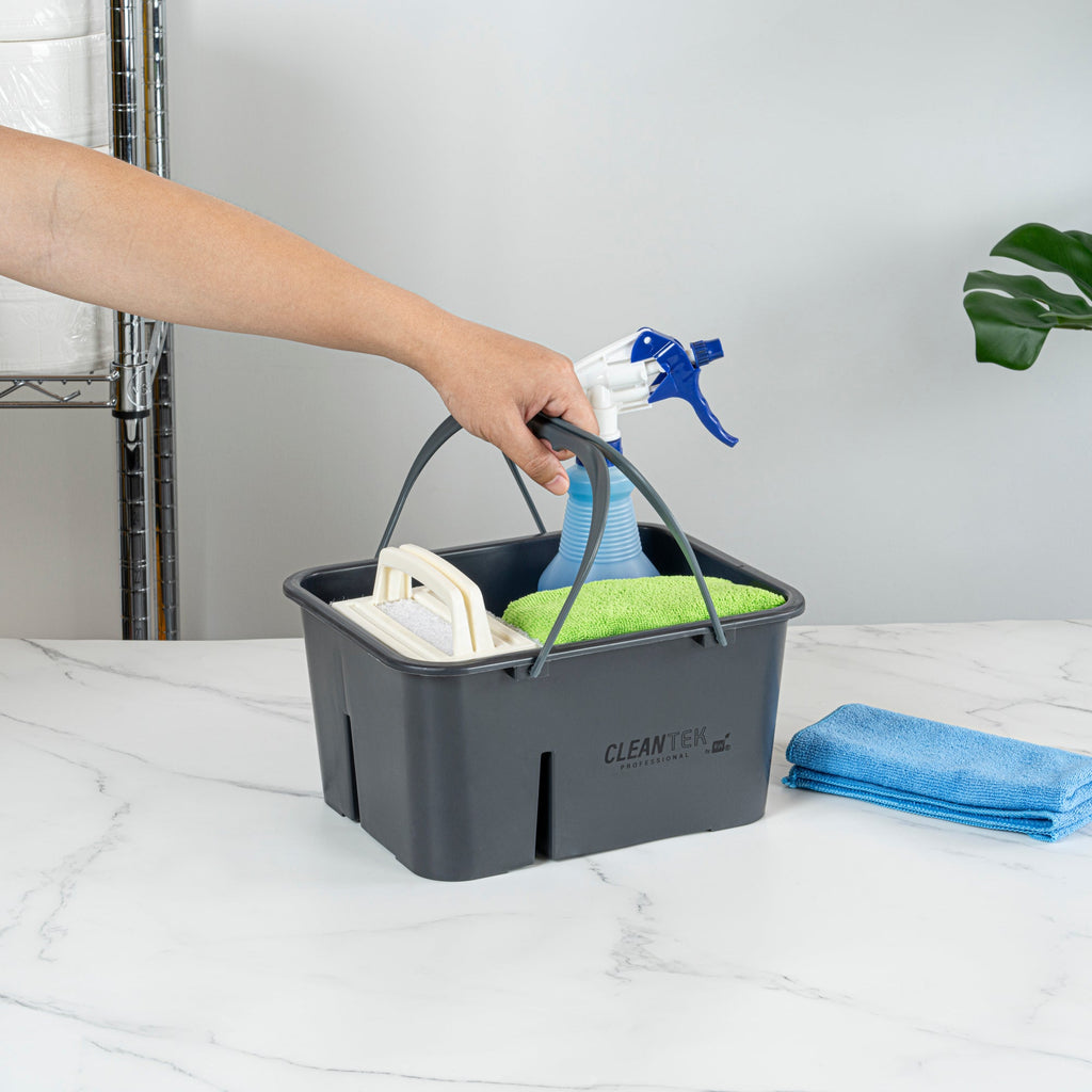 Clean Tek Professional Gray Cleaning Caddy - 4 Compartments, with 2 Handles - 11 1/2" x 9" x 6" - 1 count box