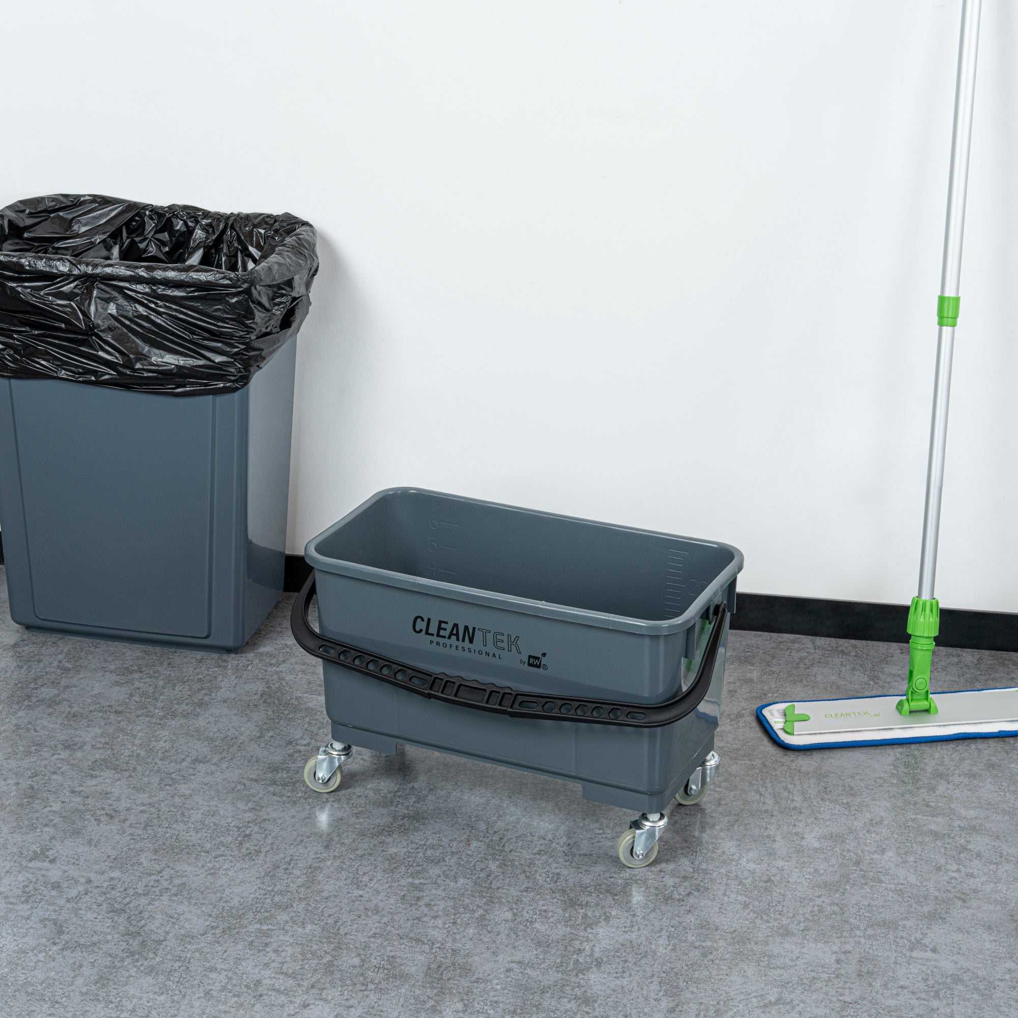 Clean Tek Professional 25 Qt Gray Bucket - with Wheels, Sieve - 22" x 11 1/2" x 13 1/2" - 1 count box