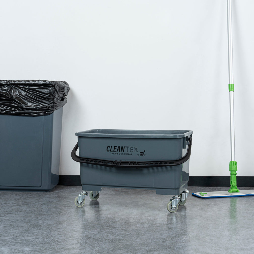 Clean Tek Professional 25 Qt Gray Bucket - with Wheels, Sieve - 22" x 11 1/2" x 13 1/2" - 1 count box