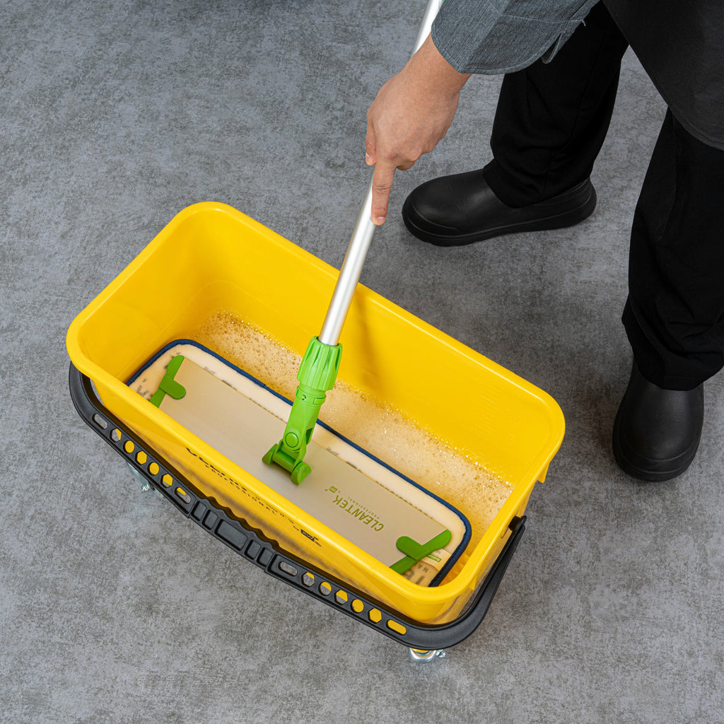 Clean Tek Professional 25 Qt Yellow Bucket - with Wheels, Sieve - 22" x 11 1/2" x 13 1/2" - 1 count box